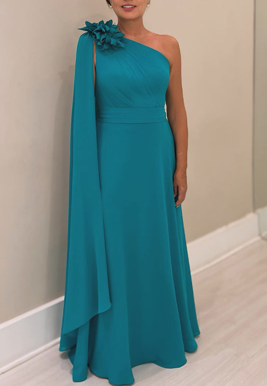 One Shoulder Floral Sleek Sleeveless A-Line Mother of Bride Dress