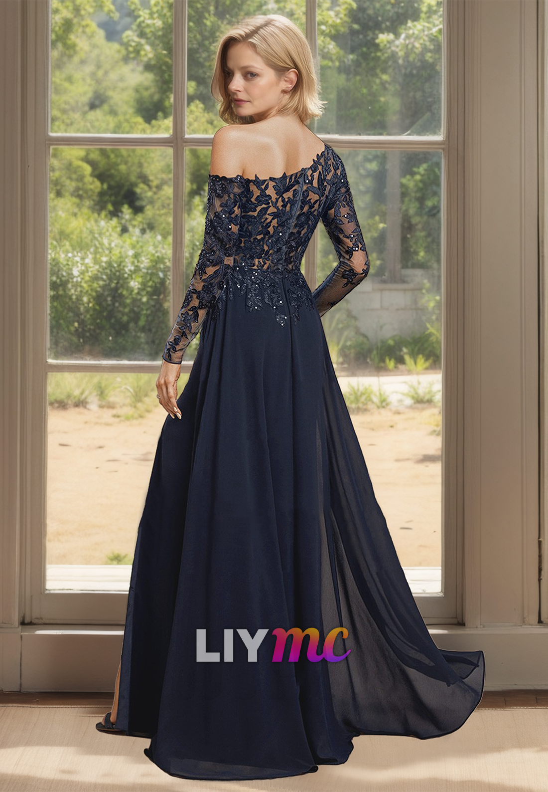 One Shoulder Long Sleeves Apliques Sheath Mother of Bride Dress