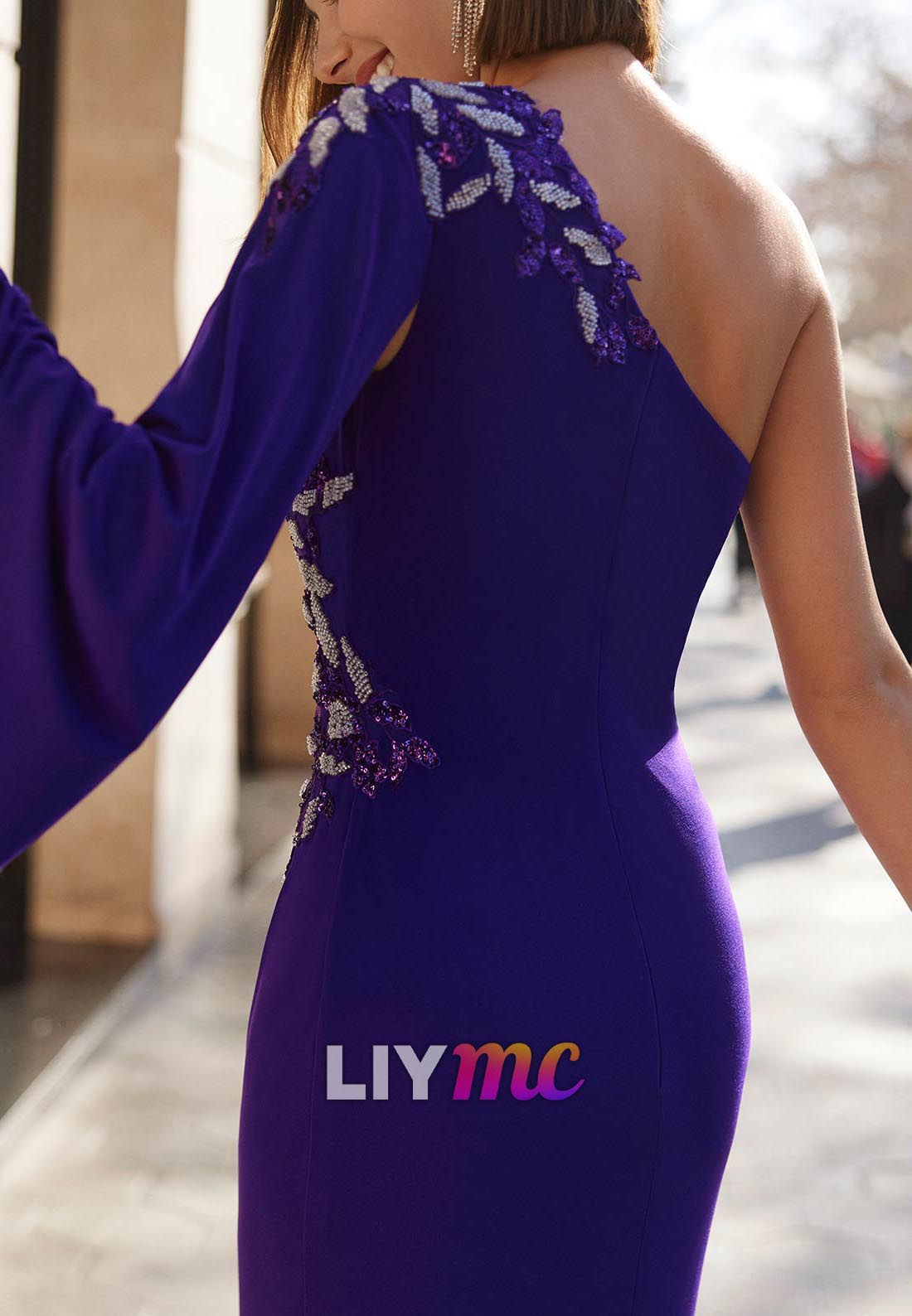 One Shoulder Long Sleeves Appliques Mermaid Mother of Bride Dress