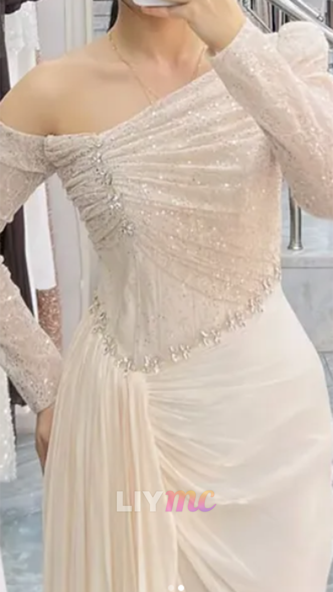 One Shoulder Long Sleeves Beaded Embroidery Mermaid Formal Dress