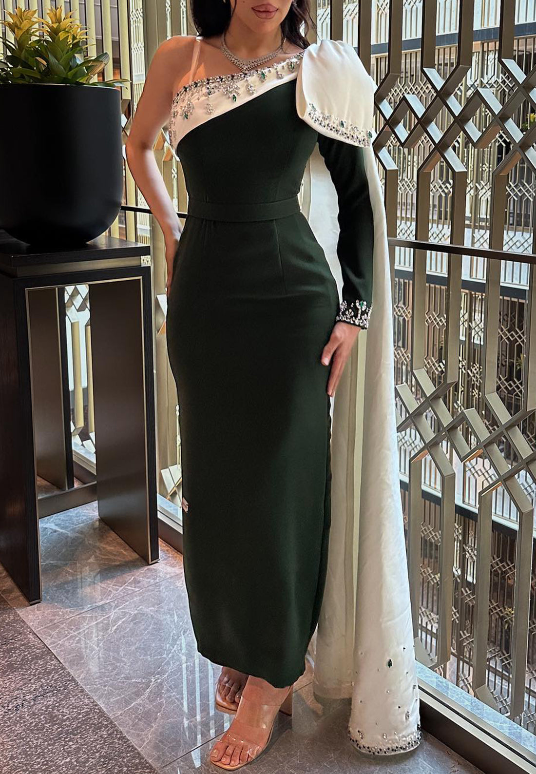 One Shoulder Long Sleeves Beaded Mermaid Evening Dress