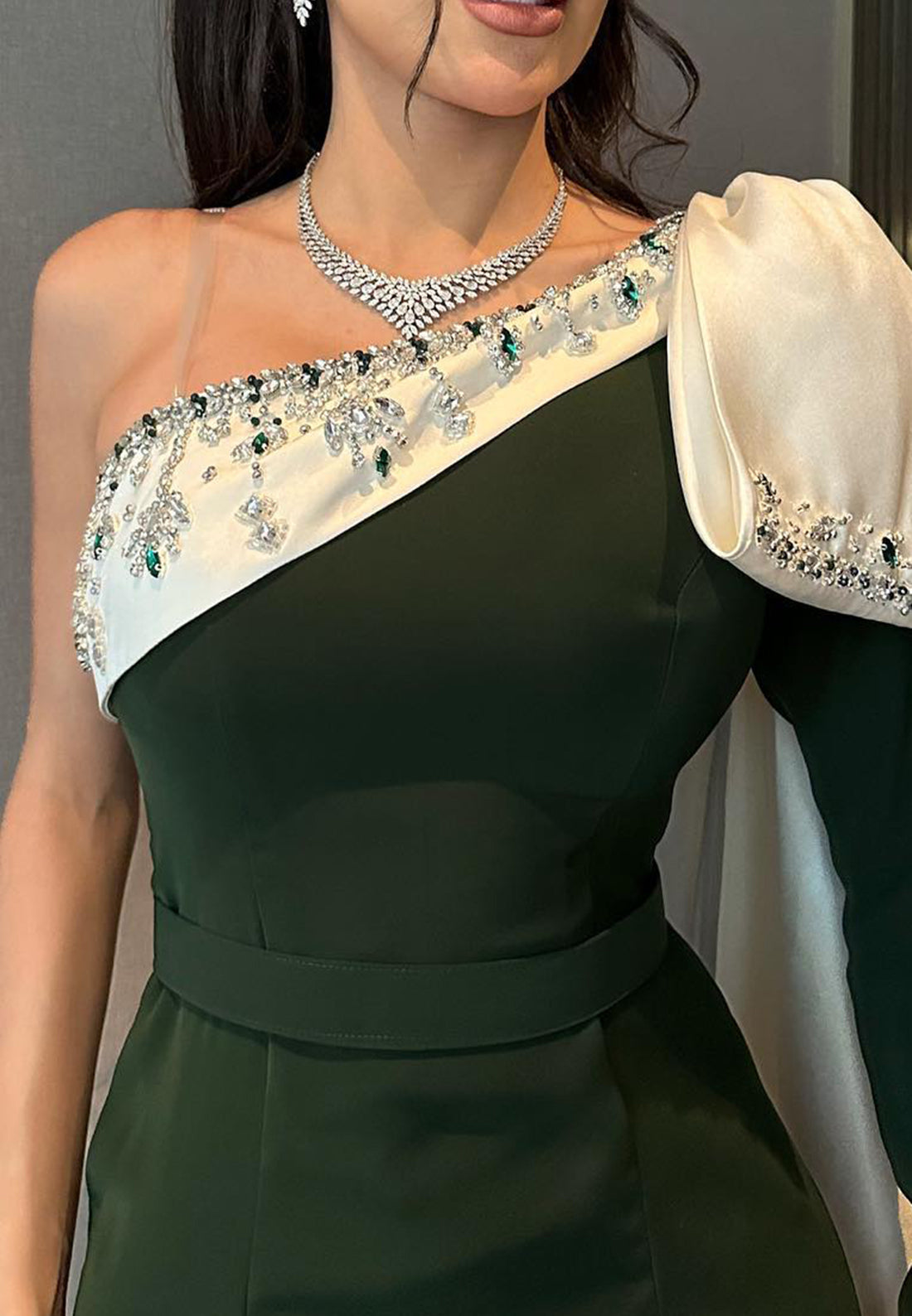 One Shoulder Long Sleeves Beaded Mermaid Evening Dress