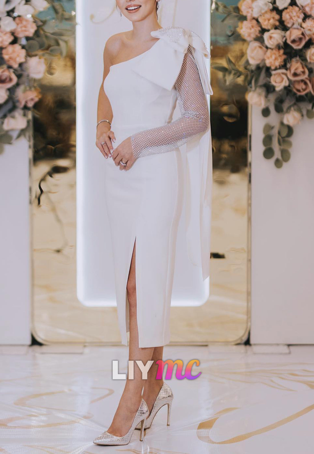 One Shoulder Long Sleeves Bow Sheath Midi Wedding Dress