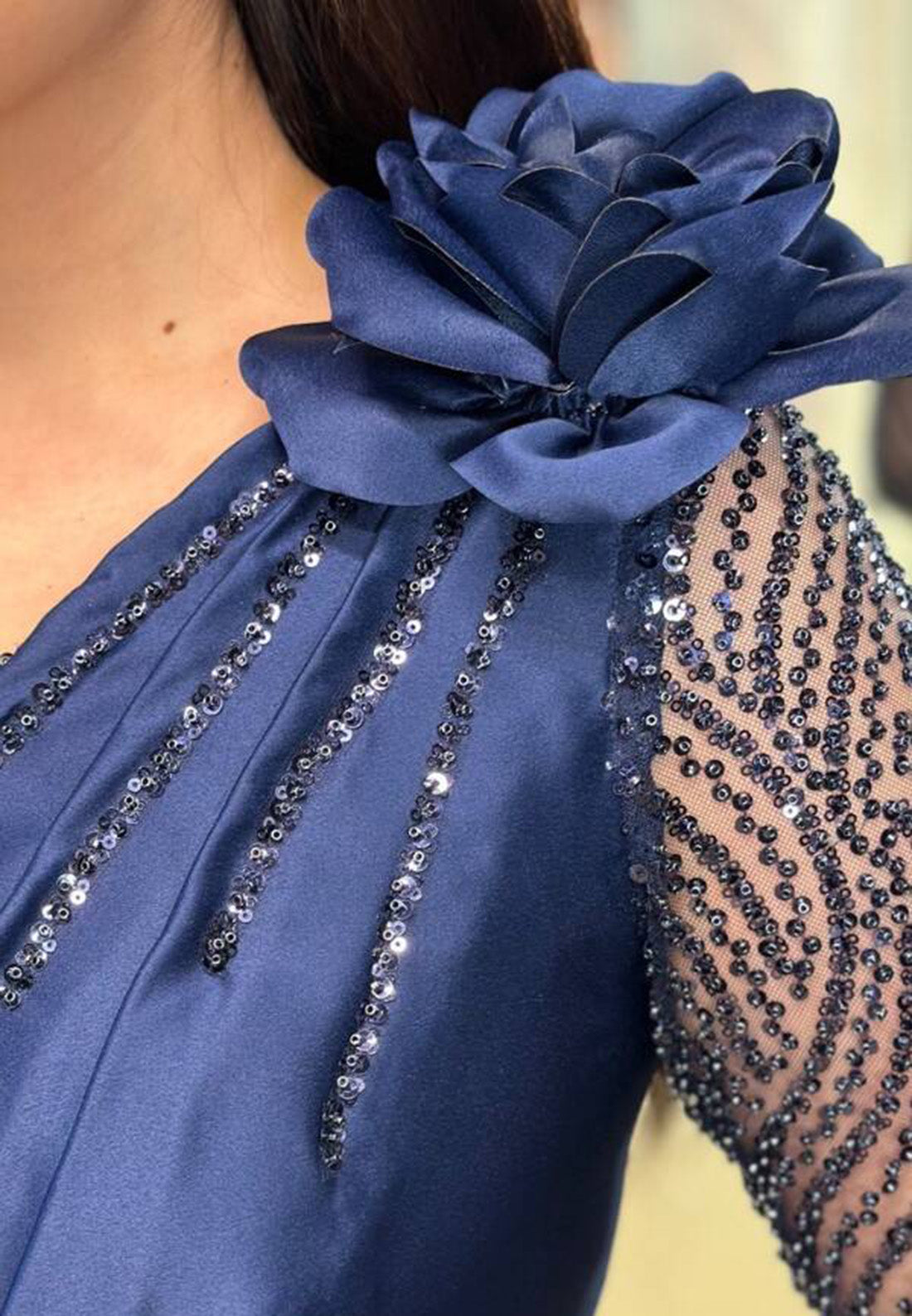 One Shoulder Long Sleeves Pleated 3D Floral A-Line Mother of Bride Dress