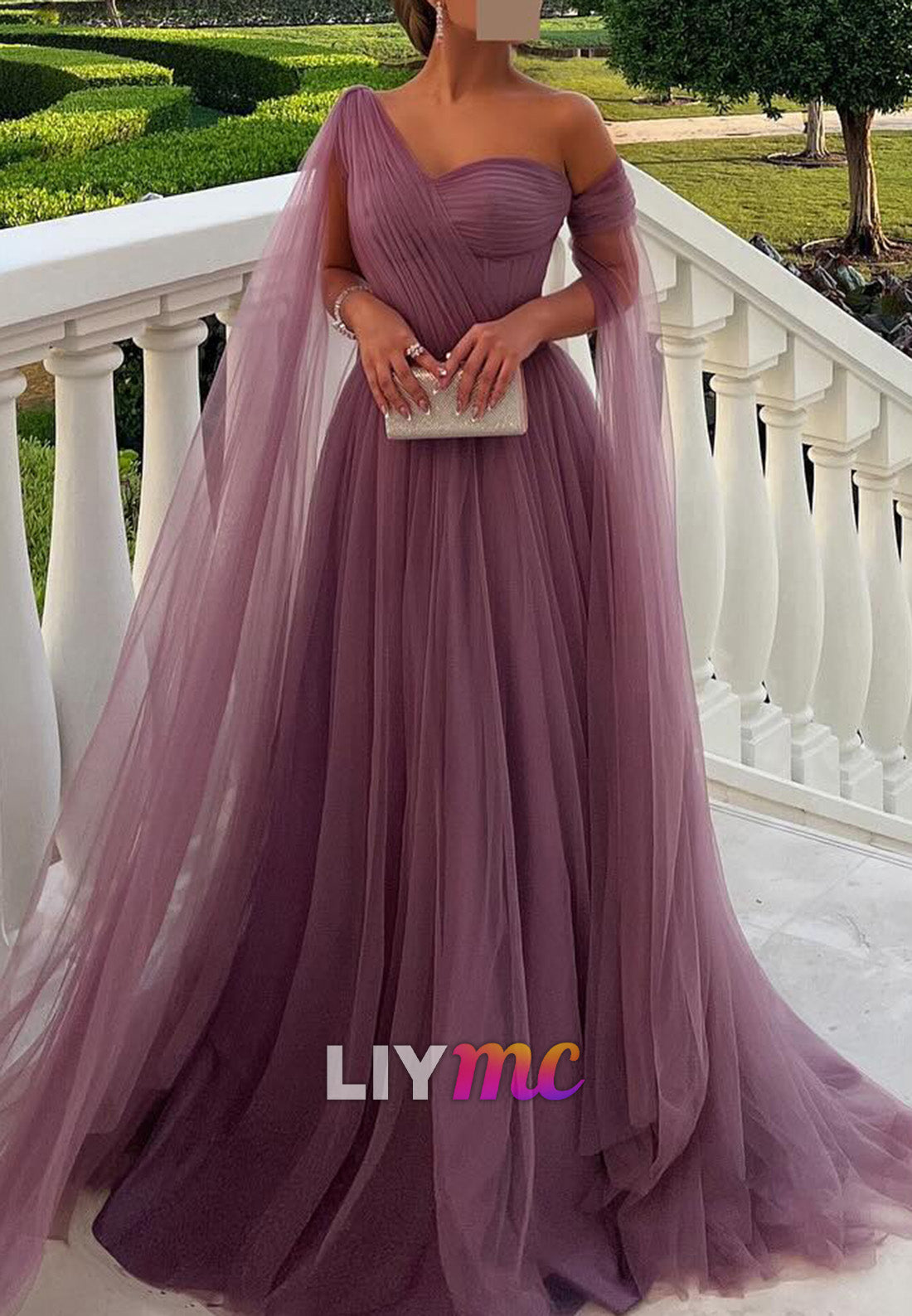 One Shoulder Long Sleeves Pleated A-Line Formal Dress