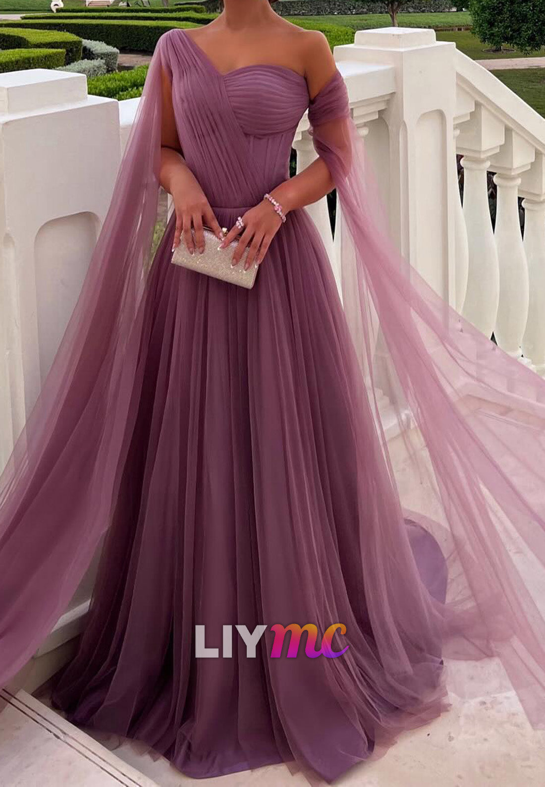 One Shoulder Long Sleeves Pleated A-Line Formal Dress
