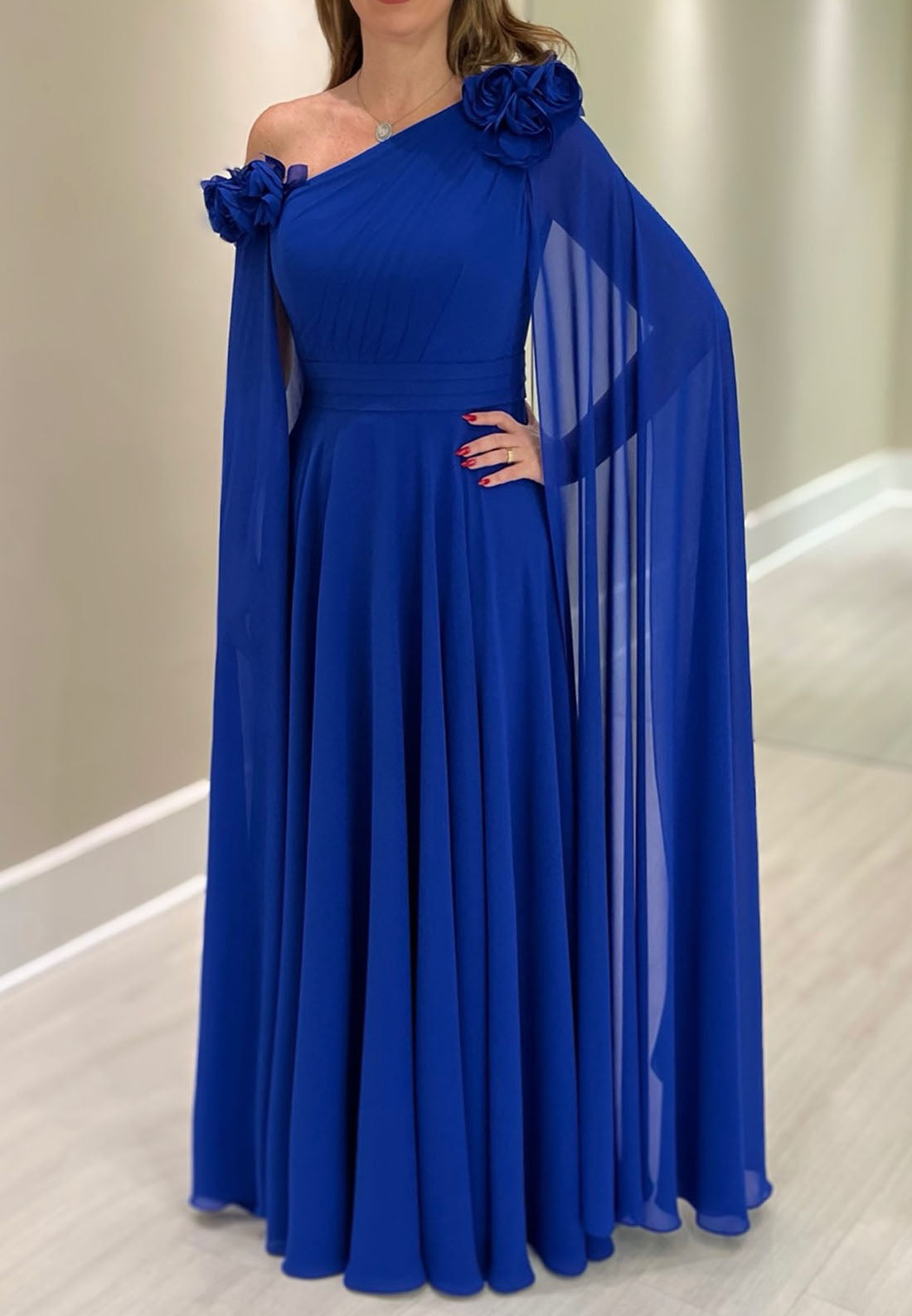 One Shoulder Long Sleeves Pleated Chiffon A-Line Mother of Bride Dress