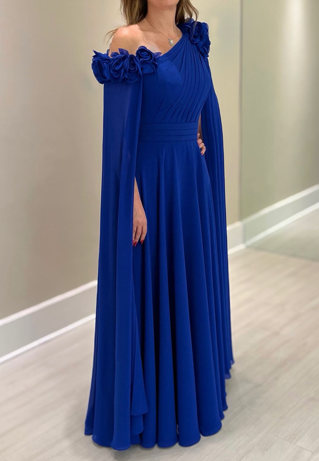 One Shoulder Long Sleeves Pleated Chiffon A-Line Mother of Bride Dress