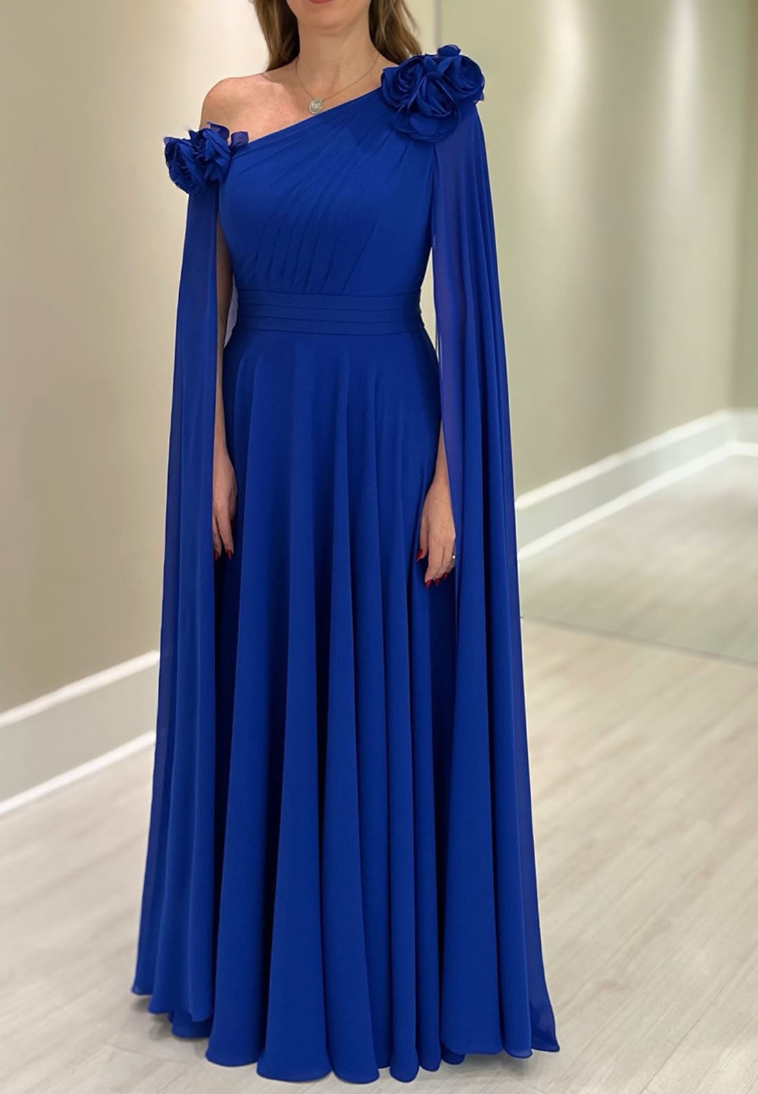 One Shoulder Long Sleeves Pleated Chiffon A-Line Mother of Bride Dress