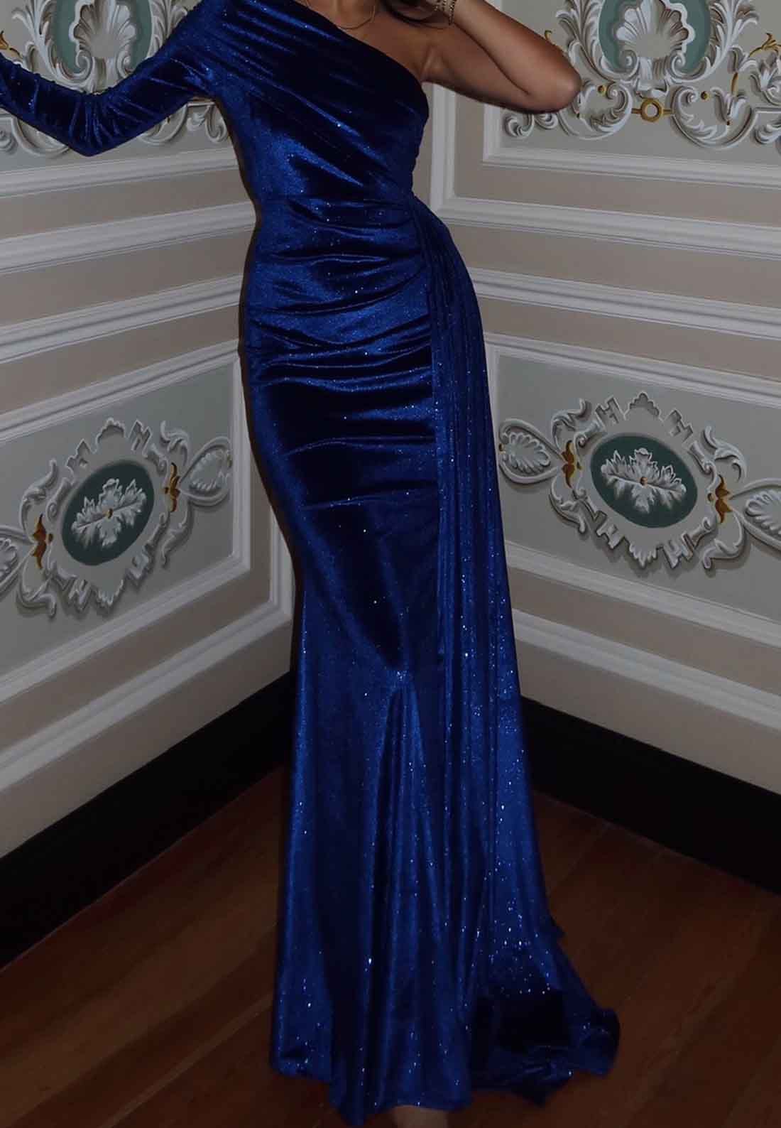 One Shoulder Long Sleeves Pleated Evening Dress Sparkly Formal Dress