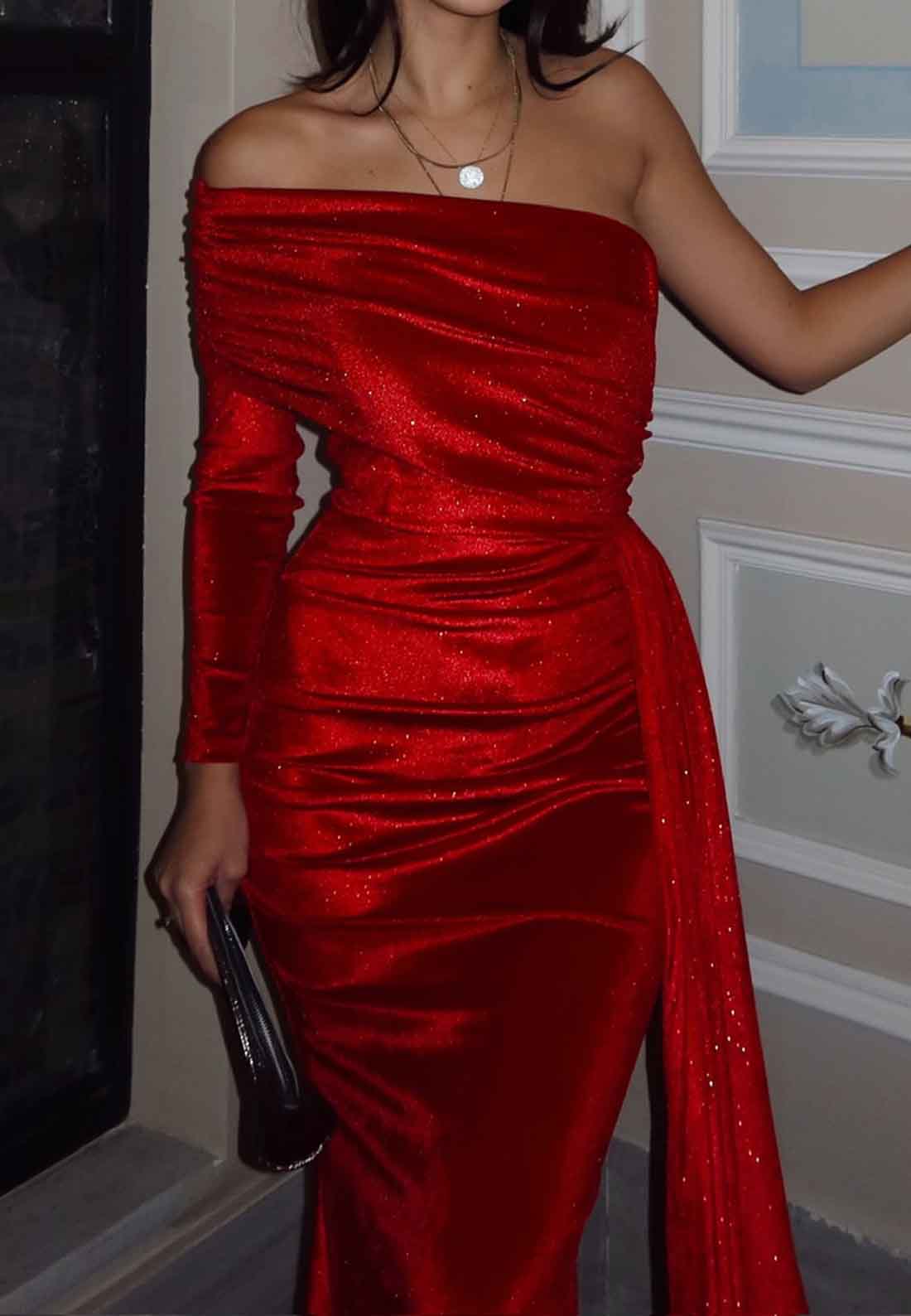 One Shoulder Long Sleeves Pleated Evening Dress Sparkly Formal Dress