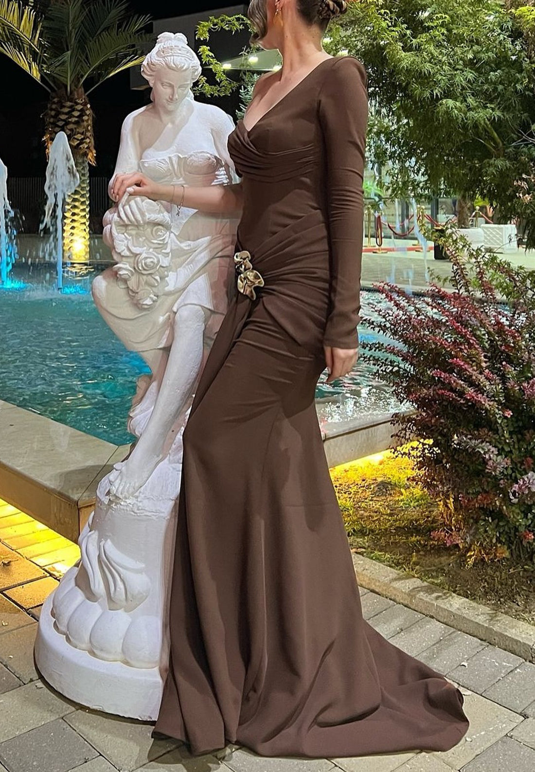 One Shoulder Long Sleeves Pleated Mermaid Formal Dress