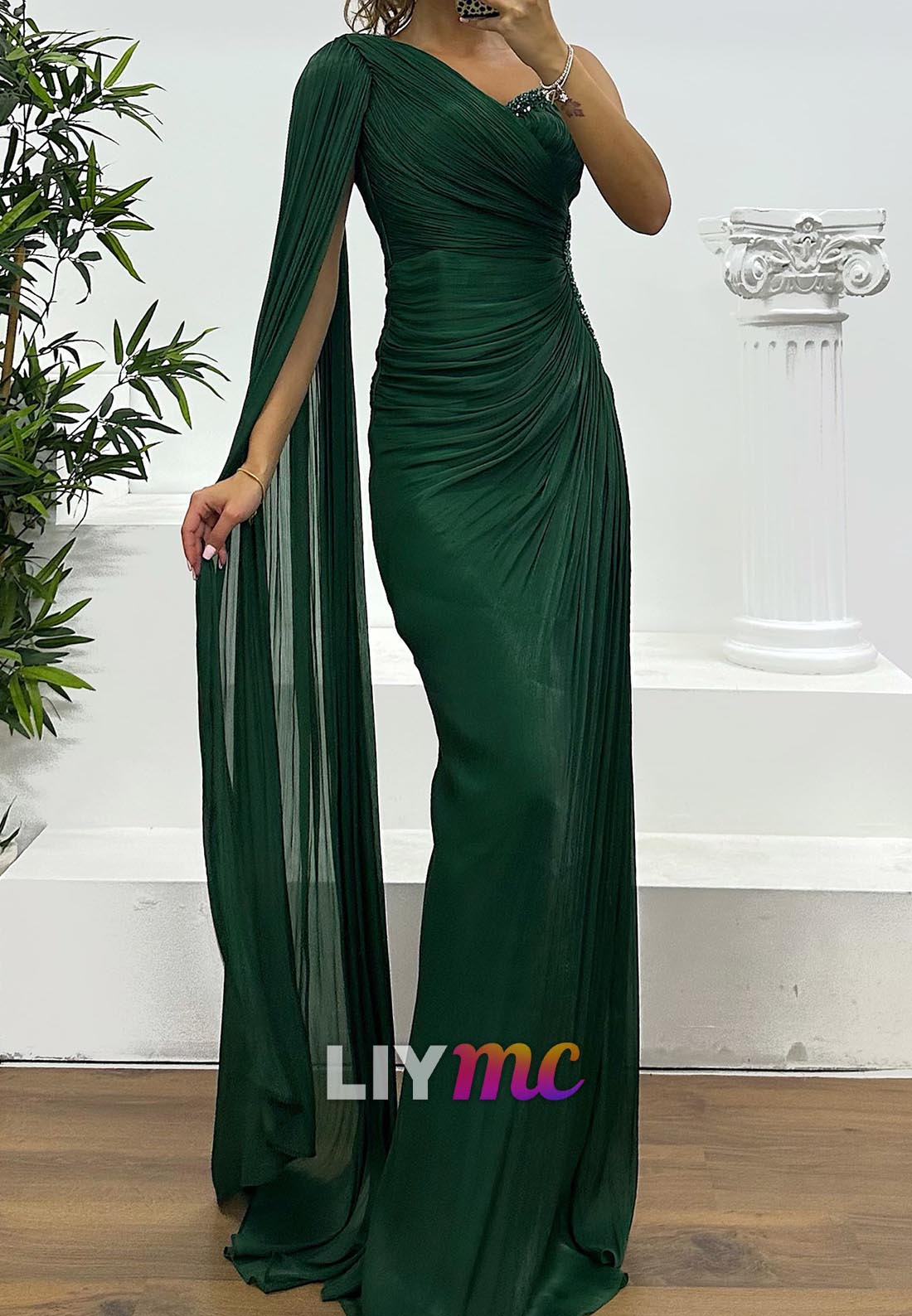 One Shoulder Long Sleeves Pleated Sheath Evening Dress