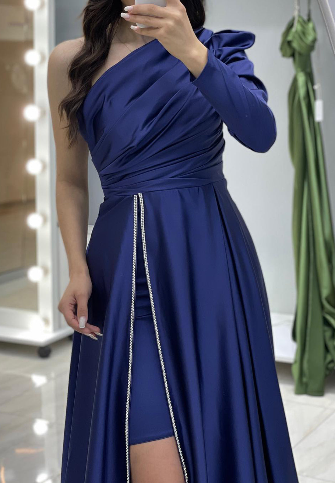 One Shoulder Long Sleeves Pleated Side Slit Evening Dress A-Line Formal Dress