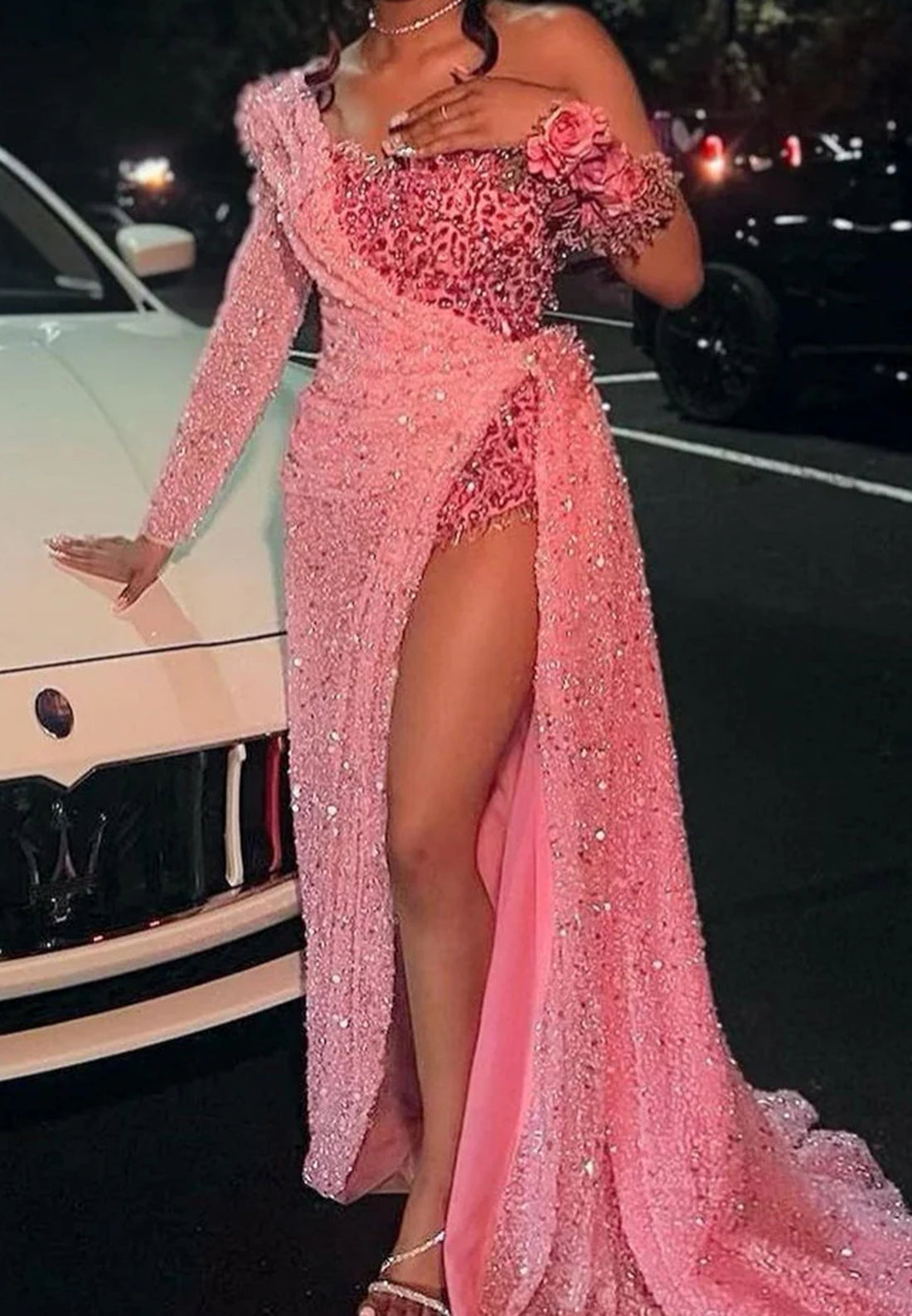 One Shoulder Long Sleeves Sequins Side Slit Sparkly Prom Dress for Black Girls