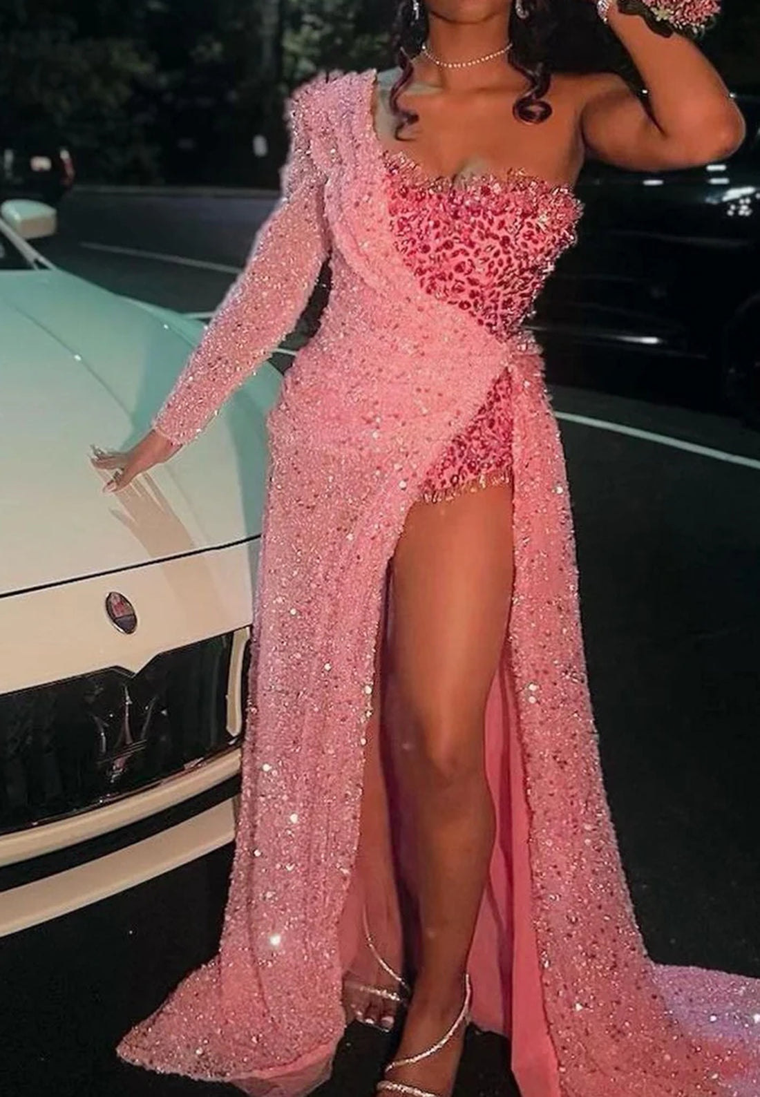 One Shoulder Long Sleeves Sequins Side Slit Sparkly Prom Dress for Black Girls