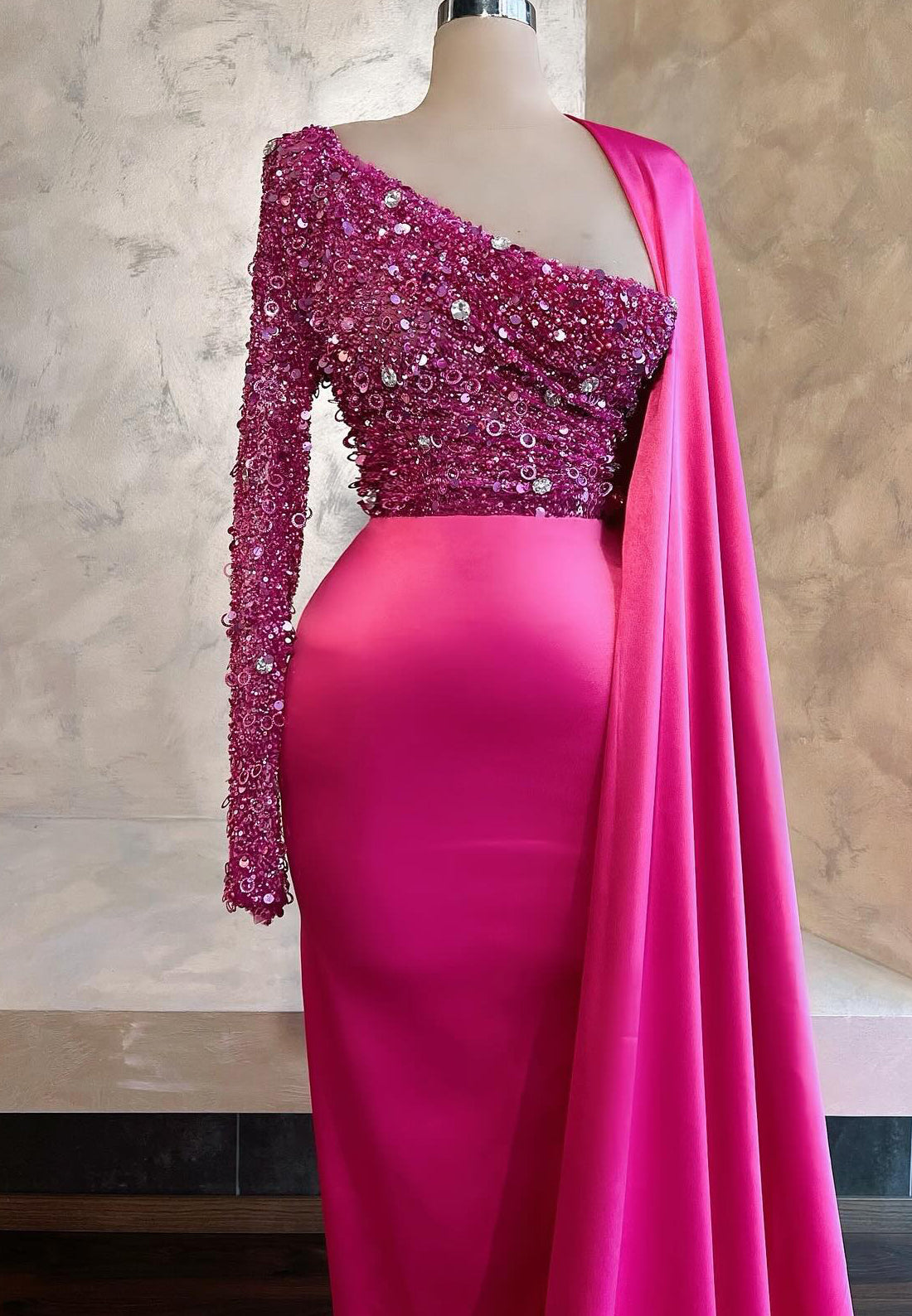 One Shoulder Long Sleeves Sequins Sparkly Mermaid Prom Dress