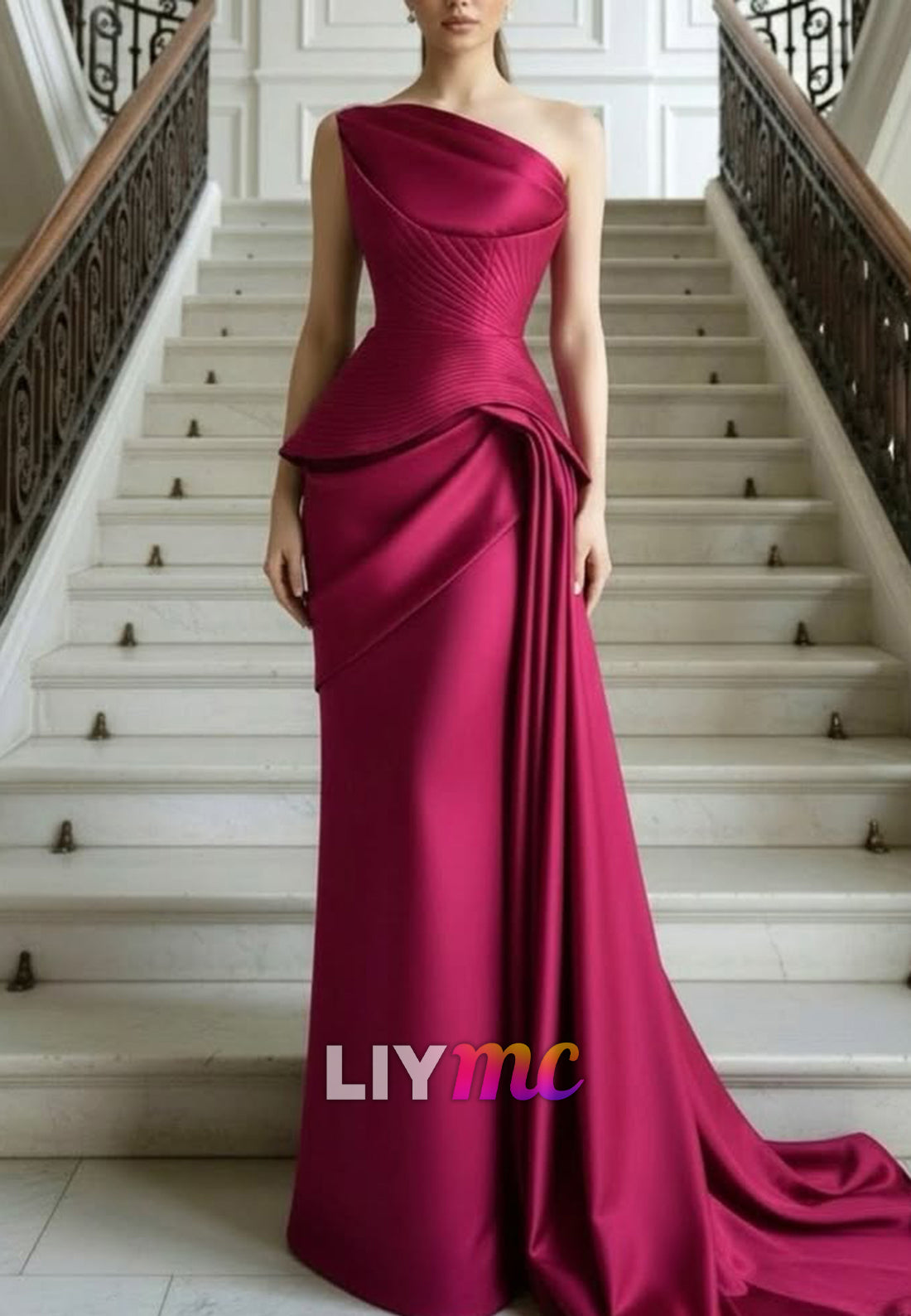 One Shoulder Ruched Sheath Satin Evening Dress
