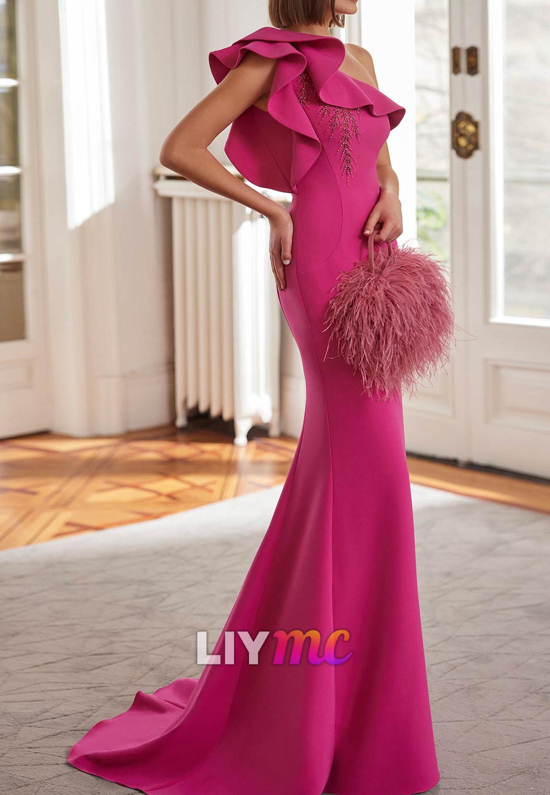 One Shoulder Ruffled Sleek Mermaid Evening Mother of Bride Dress
