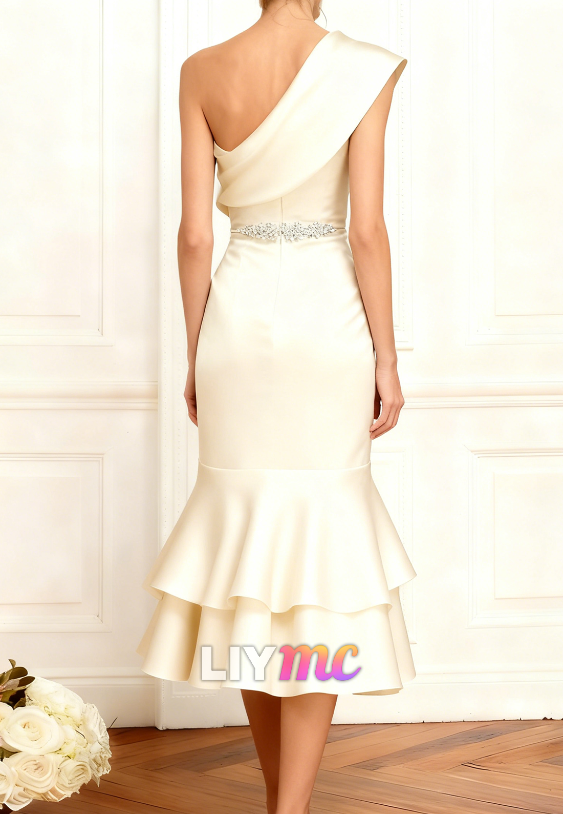 One Shoulder Ruffles Mermaid Midi Mother of Bride Dress.