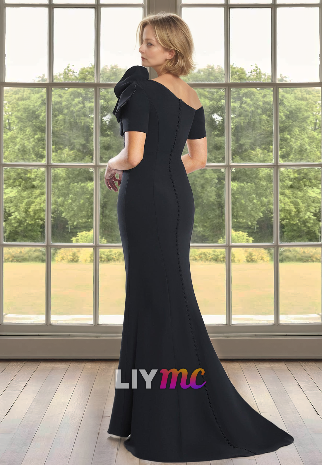 One Shoulder Short Sleeves Floral Embellished Sheath Mother of Bride Dress