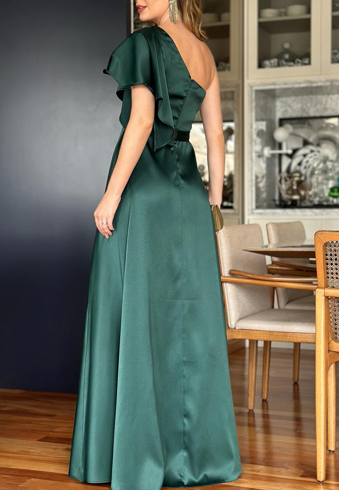 One Shoulder Short Sleeves Sleek A-Line Mother of Bride Dress