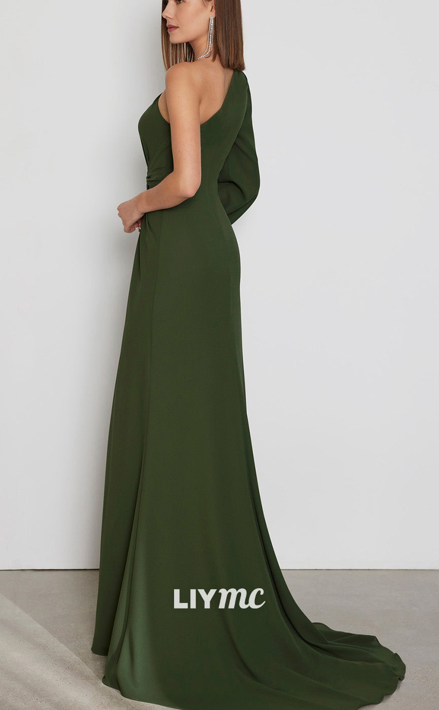 M1223 - One Shoulder Sleek Satin High Slit Ruched Mother of Bride Dress Cocktail Dress