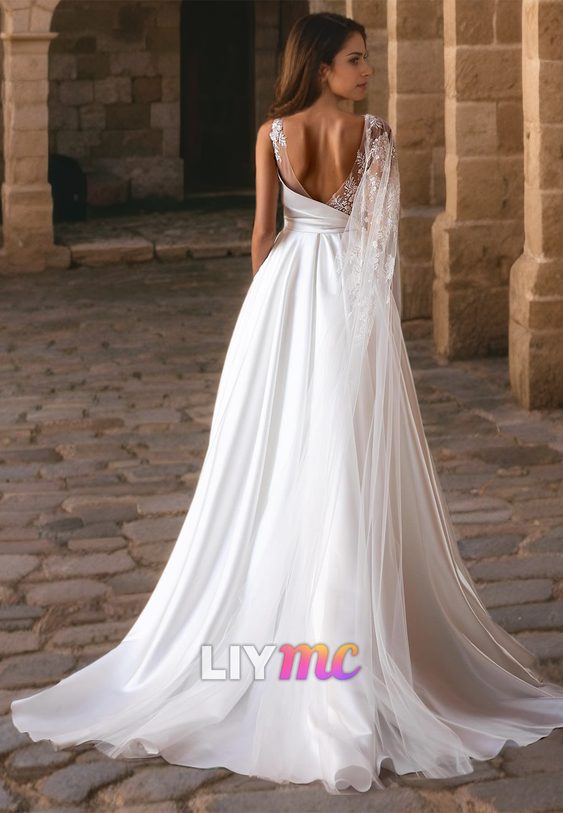 One Shoulder Sleeveless Appliques Illusion Satin A-Line Wedding Dress