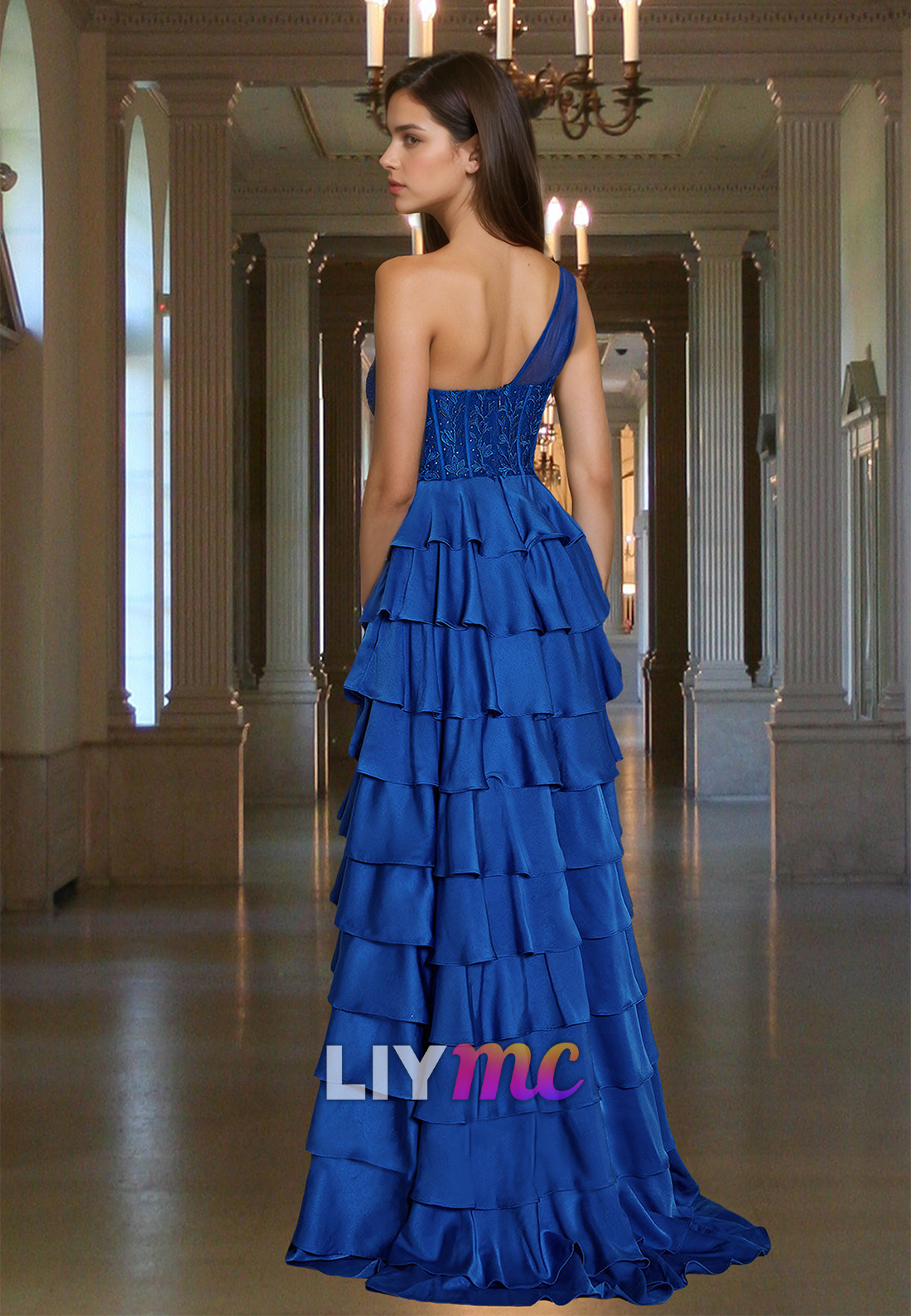One Shoulder Sleeveless Appliques Tiered A-Line Prom Dress