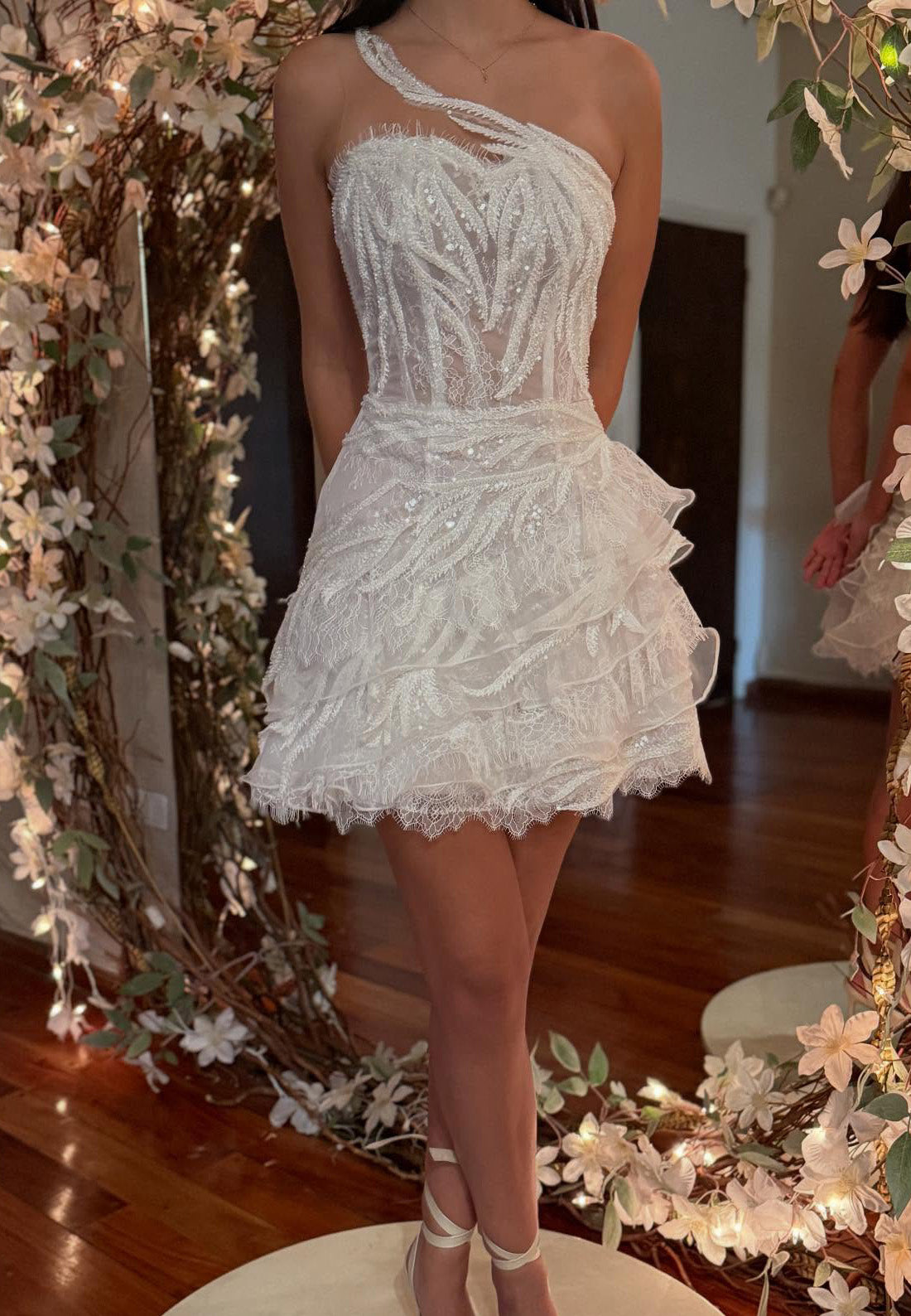 One Shoulder Sleeveless Beaded Appliques Tiered A-Line Party Dress