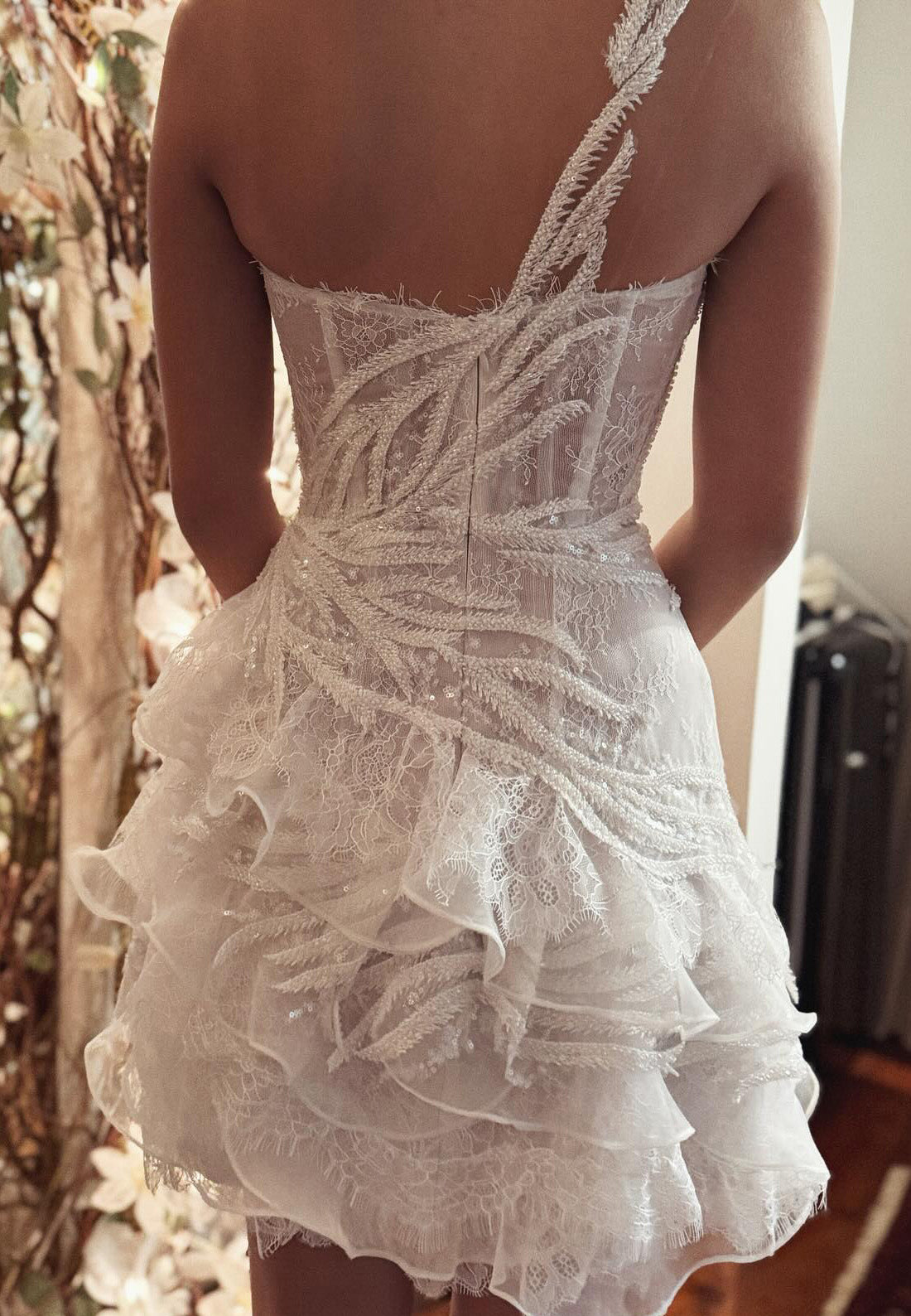 One Shoulder Sleeveless Beaded Appliques Tiered A-Line Party Dress
