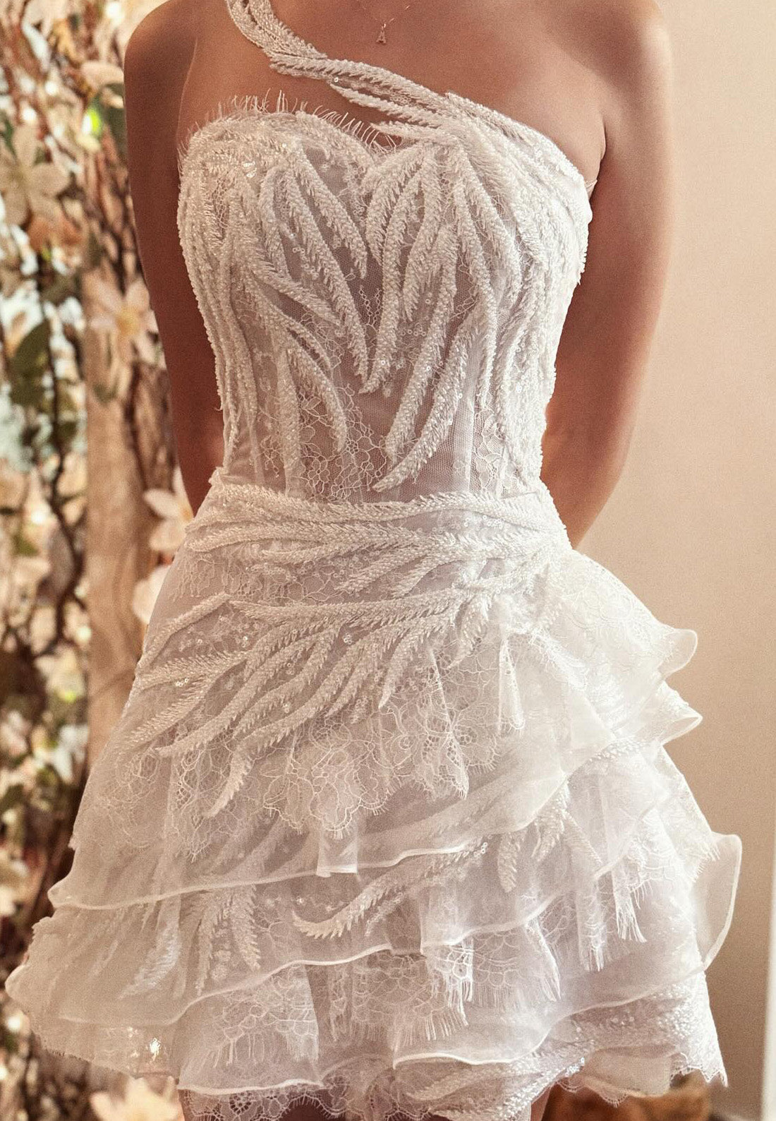 One Shoulder Sleeveless Beaded Appliques Tiered A-Line Party Dress