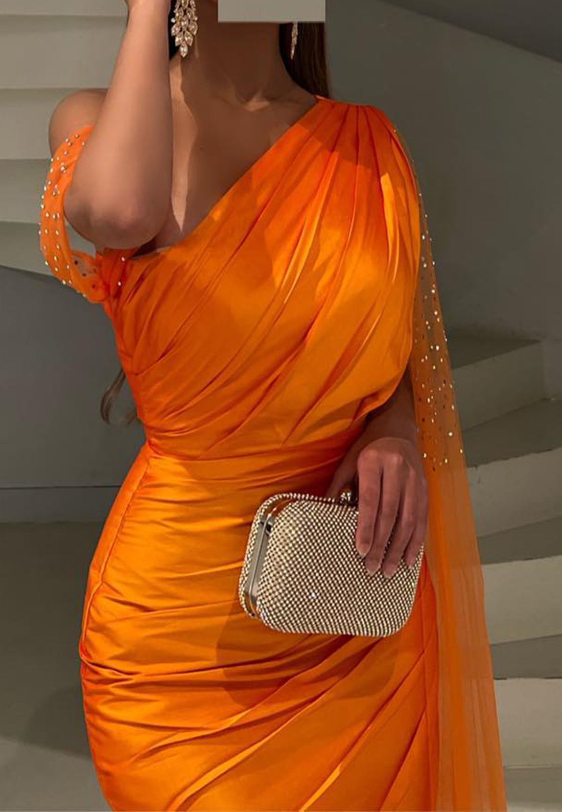 One Shoulder Sleeveless Beaded Pleated Mermaid Formal Dress