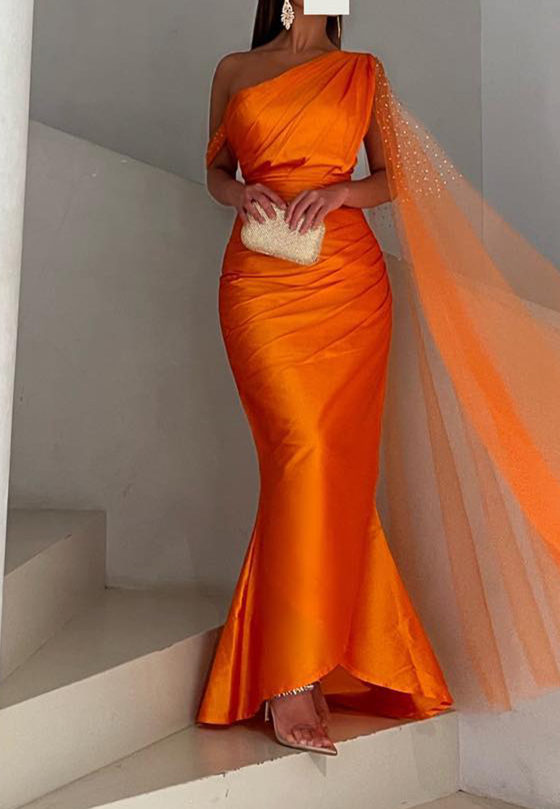 One Shoulder Sleeveless Beaded Pleated Mermaid Formal Dress