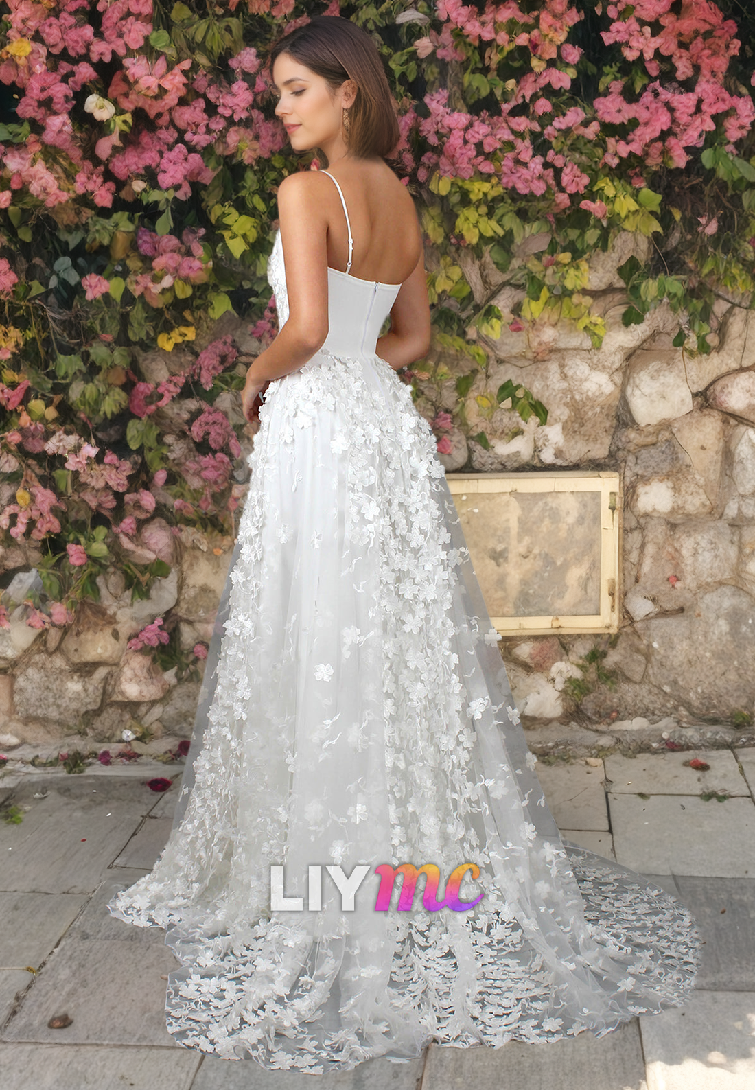 LW076 - A Line One Shoulder 3D Lace Appliqued Ruched Satin Long Wedding Dress