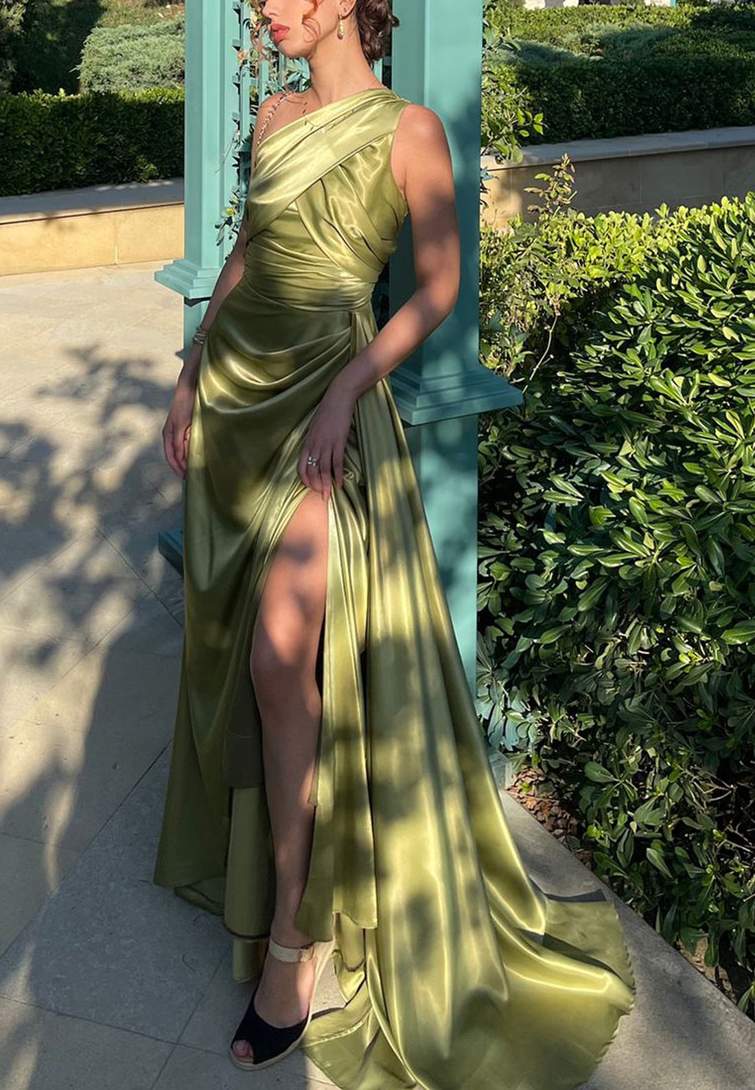 One Shoulder Sleeveless Pleated A-Line Evening Dress