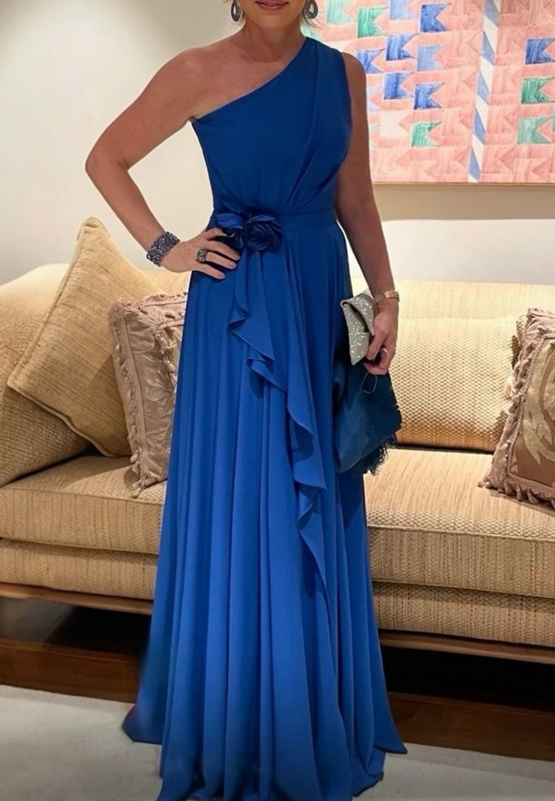 One Shoulder Sleeveless Pleated A-Line Mother of Bride Dress