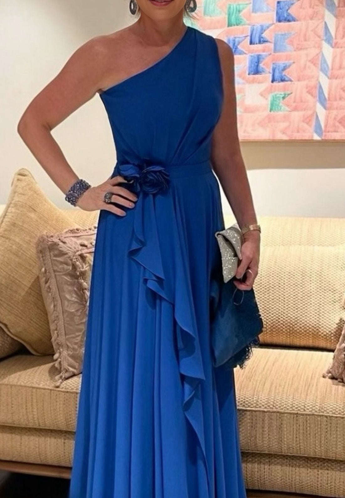 One Shoulder Sleeveless Pleated A-Line Mother of Bride Dress