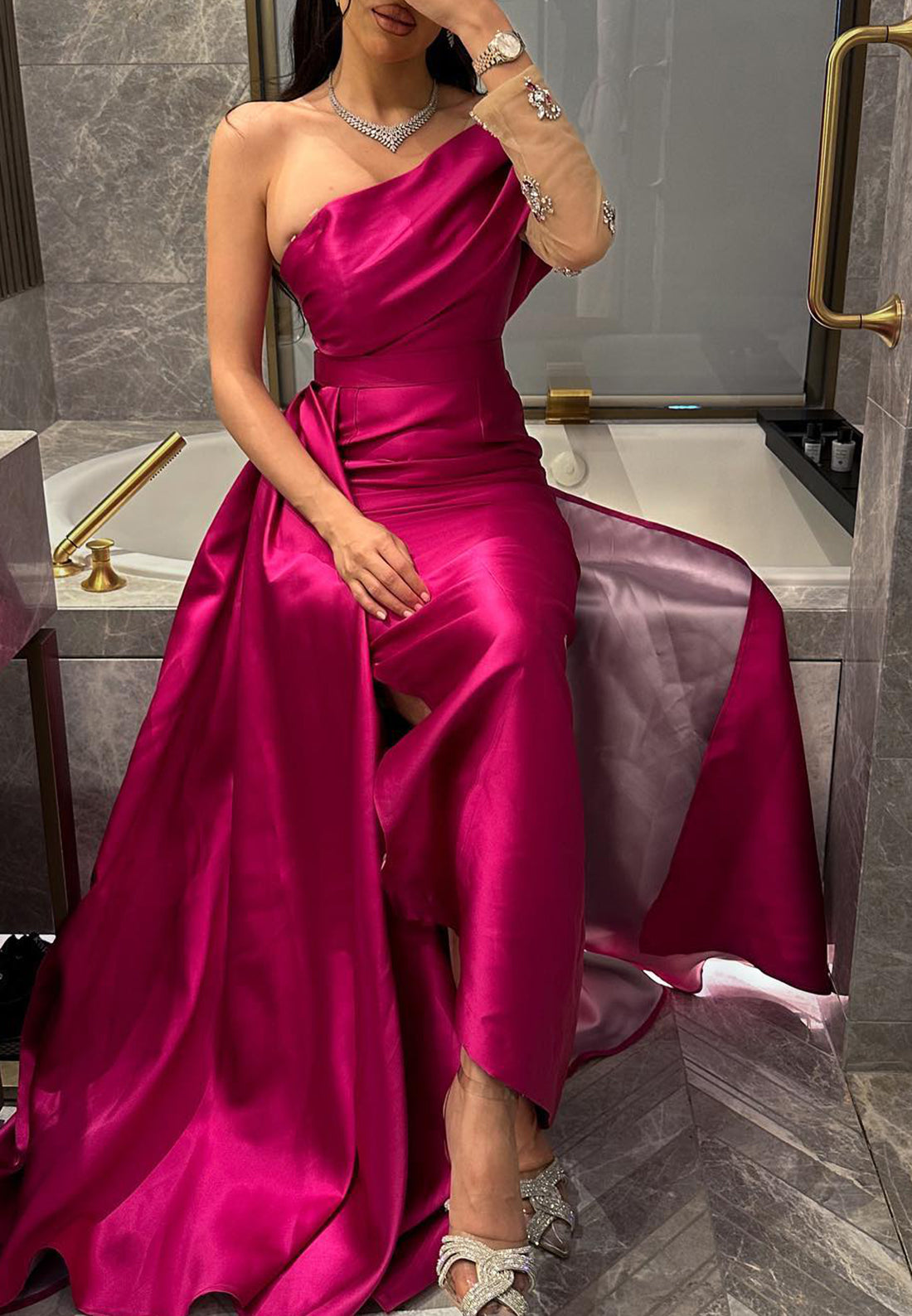 One Shoulder Sleeveless Pleated Sheath Evening Dress