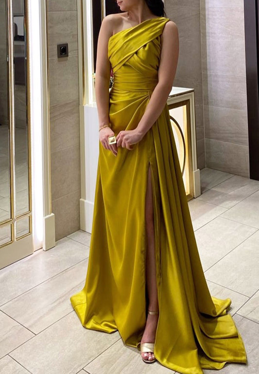 One Shoulder Sleeveless Pleated Sheath Evening Dress