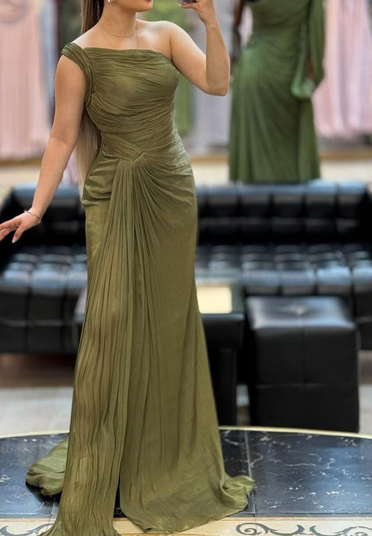 One Shoulder Sleeveless Pleated Sheath Evening Dress