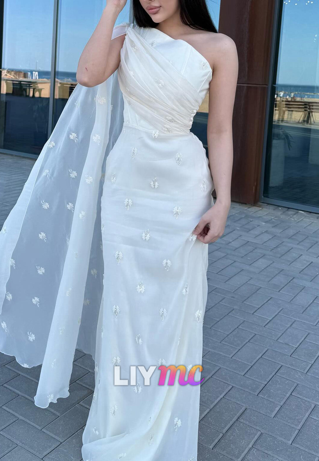 One Shoulder Sleeveless Pleated Sheath Formal Dress