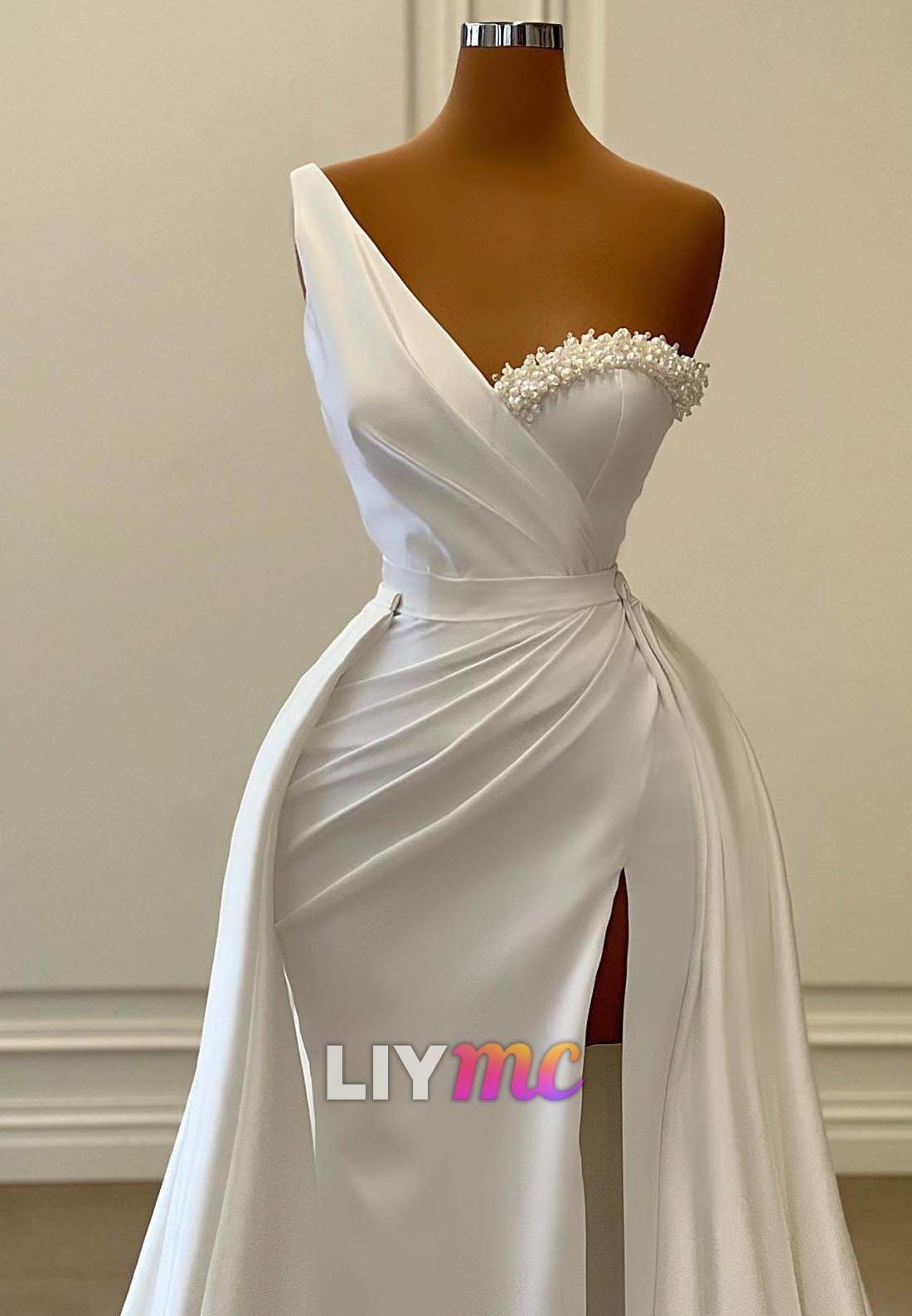 One Shoulder Sleeveless Pleated Sheath Wedding Dress