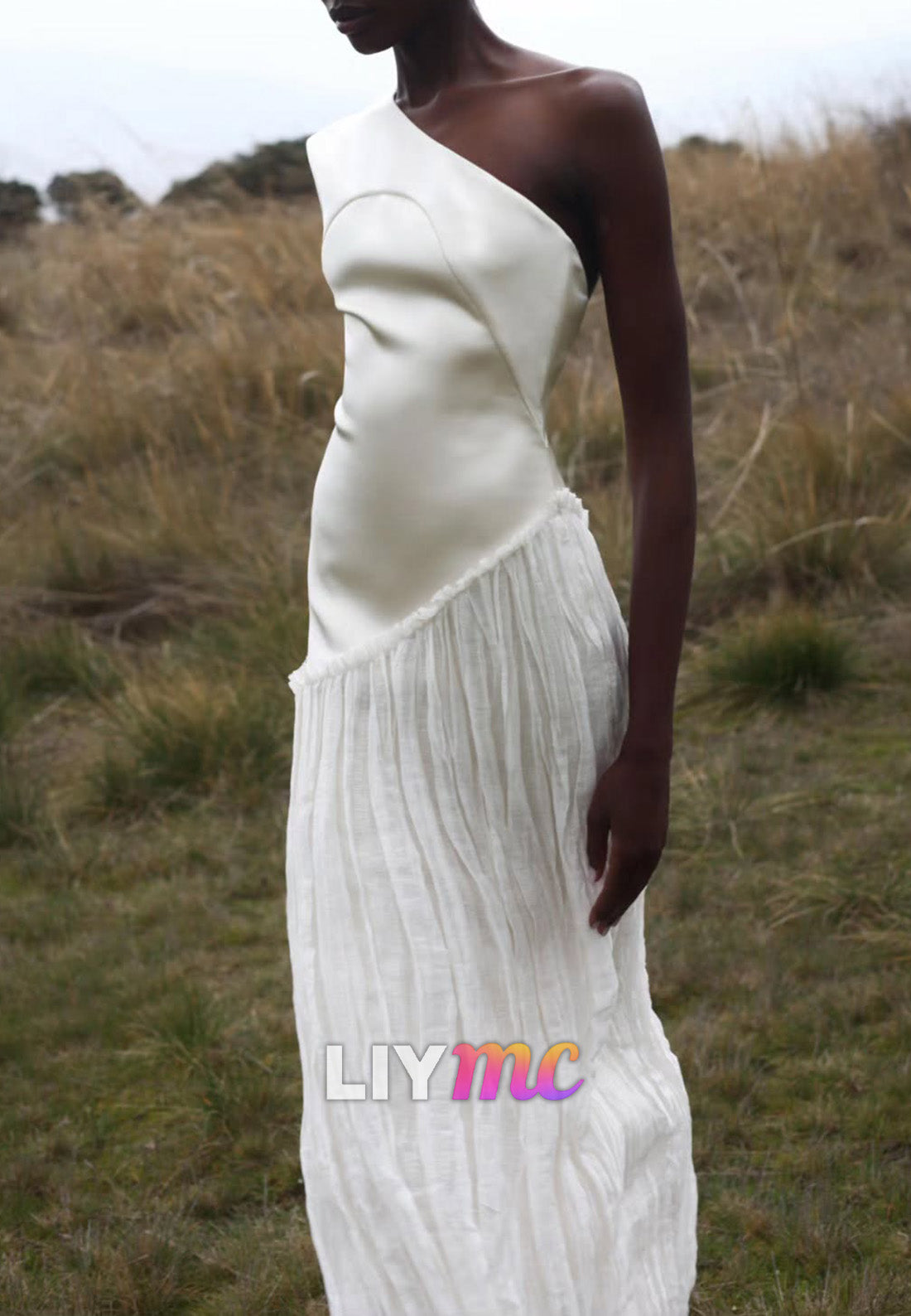 One Shoulder Sleeveless Pleated Sleek Sheath Beach Wedding Dress
