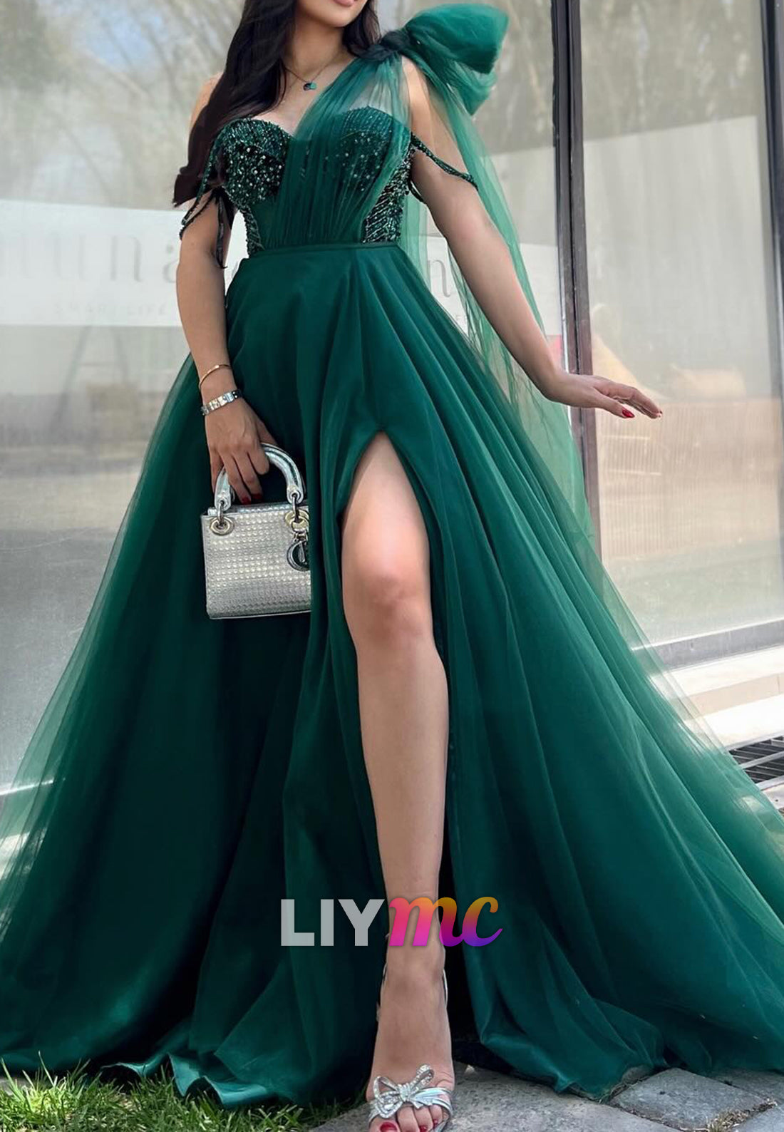 One Shoulder Sleeveless Pleated Tulle Beaded Prom Dress A-Line Party Dress