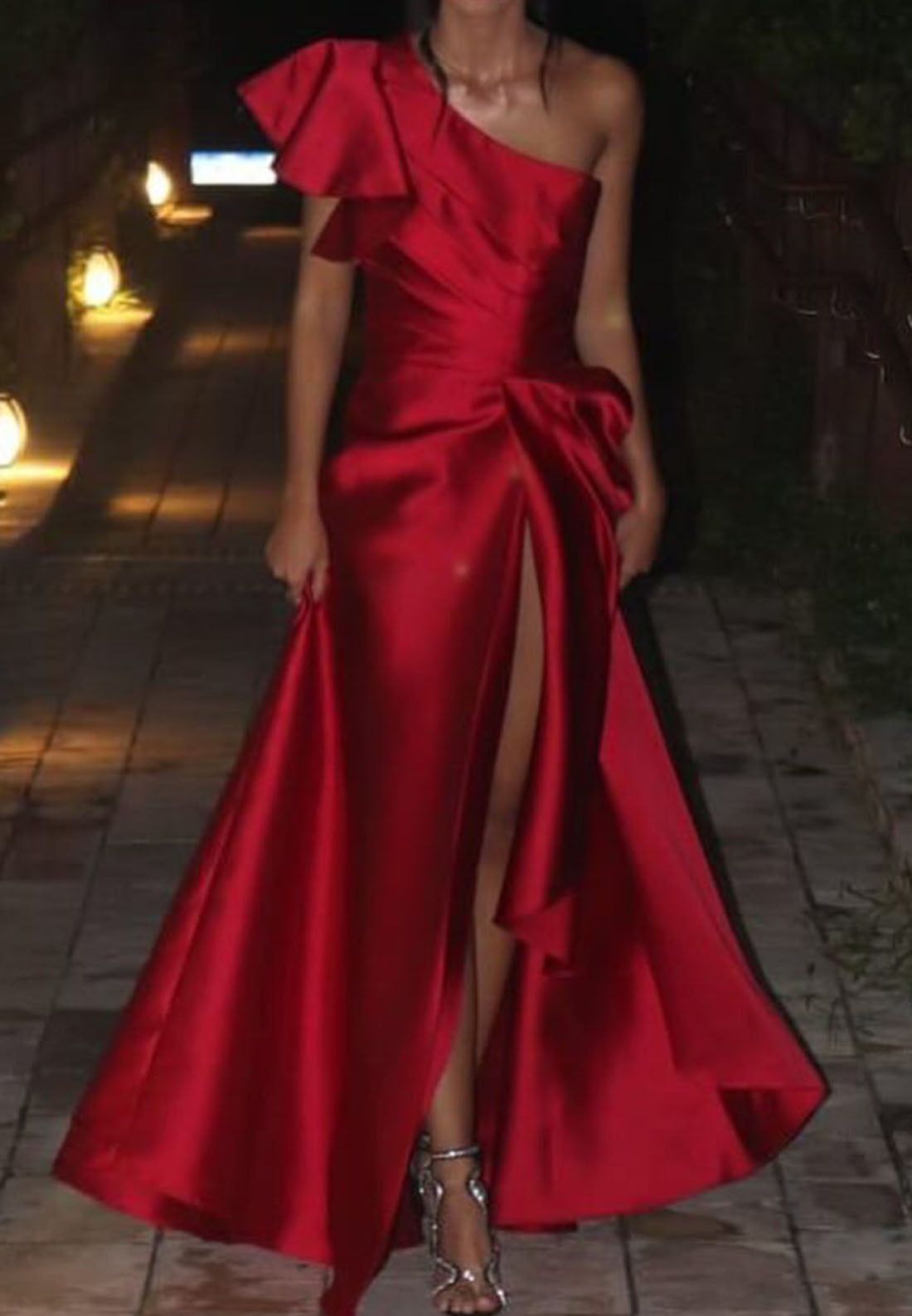 One Shoulder Sleeveless Ruffled Side Slit Pleated A-Line Evening Dress