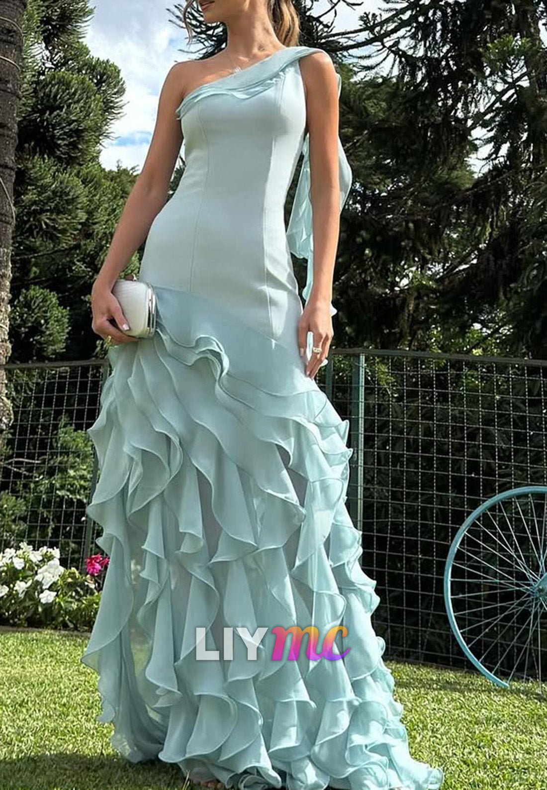 One Shoulder Sleeveless Ruffled Tiered Mermaid Wedding Guest Dress