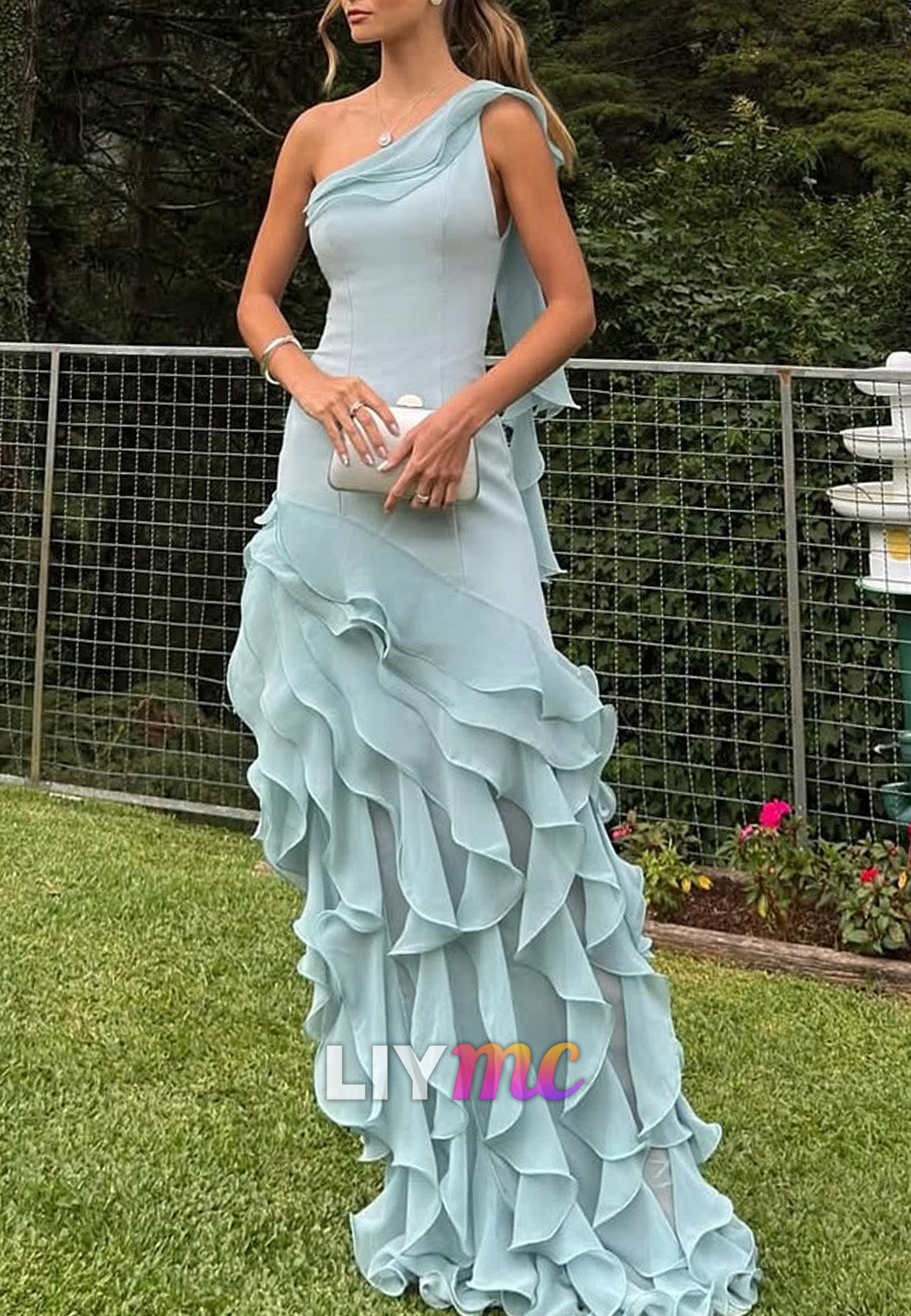 One Shoulder Sleeveless Ruffled Tiered Mermaid Wedding Guest Dress