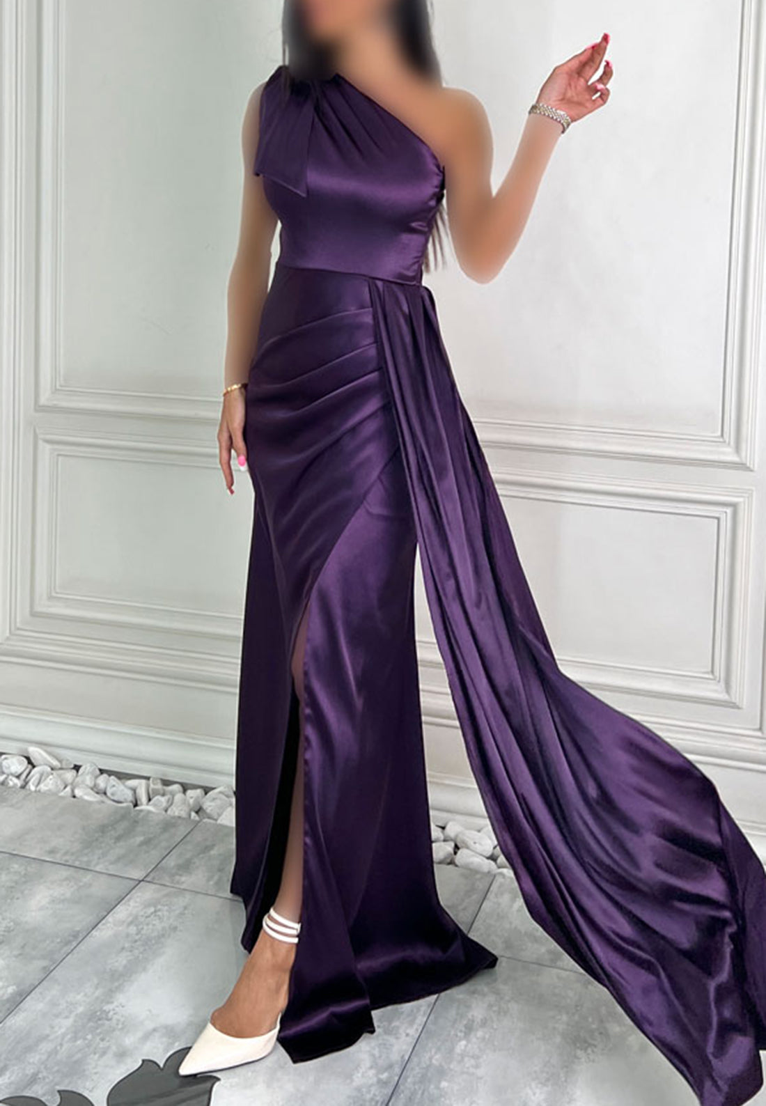 One Shoulder Sleeveless Sleek Satin Pleated Sheath Formal Dress