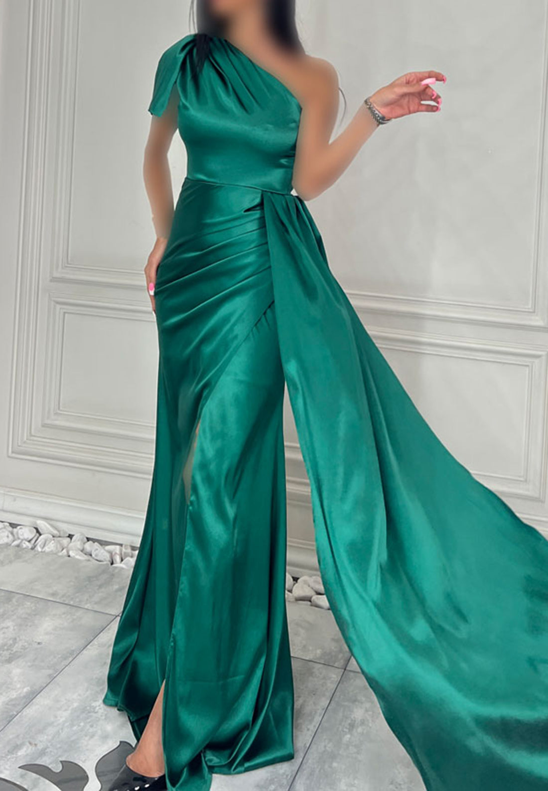 One Shoulder Sleeveless Sleek Satin Pleated Sheath Formal Dress